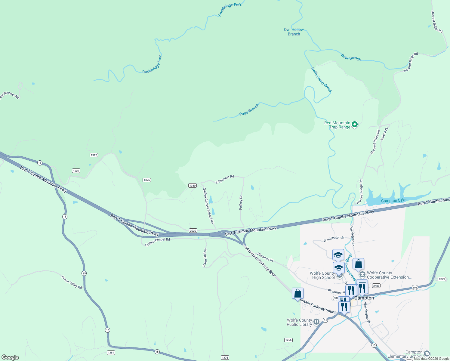 map of restaurants, bars, coffee shops, grocery stores, and more near 440 East Spencer Road in Campton