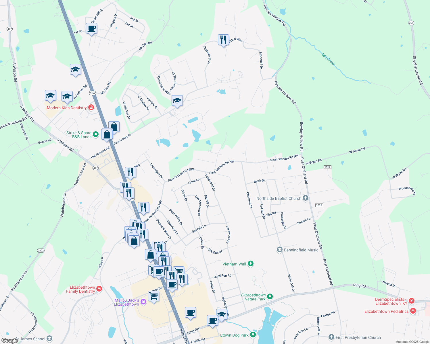 map of restaurants, bars, coffee shops, grocery stores, and more near 505 Pear Orchard Rd NW in Elizabethtown