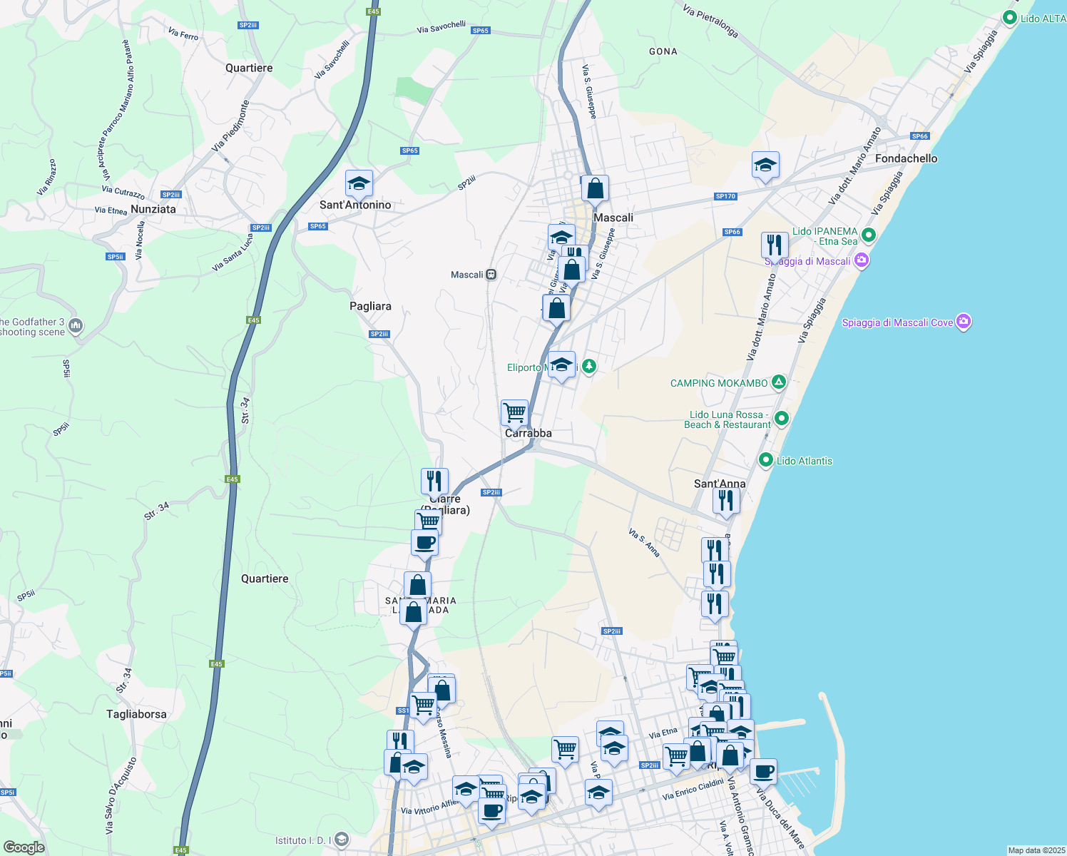 map of restaurants, bars, coffee shops, grocery stores, and more near 4B Via D'Angelo in Mascali