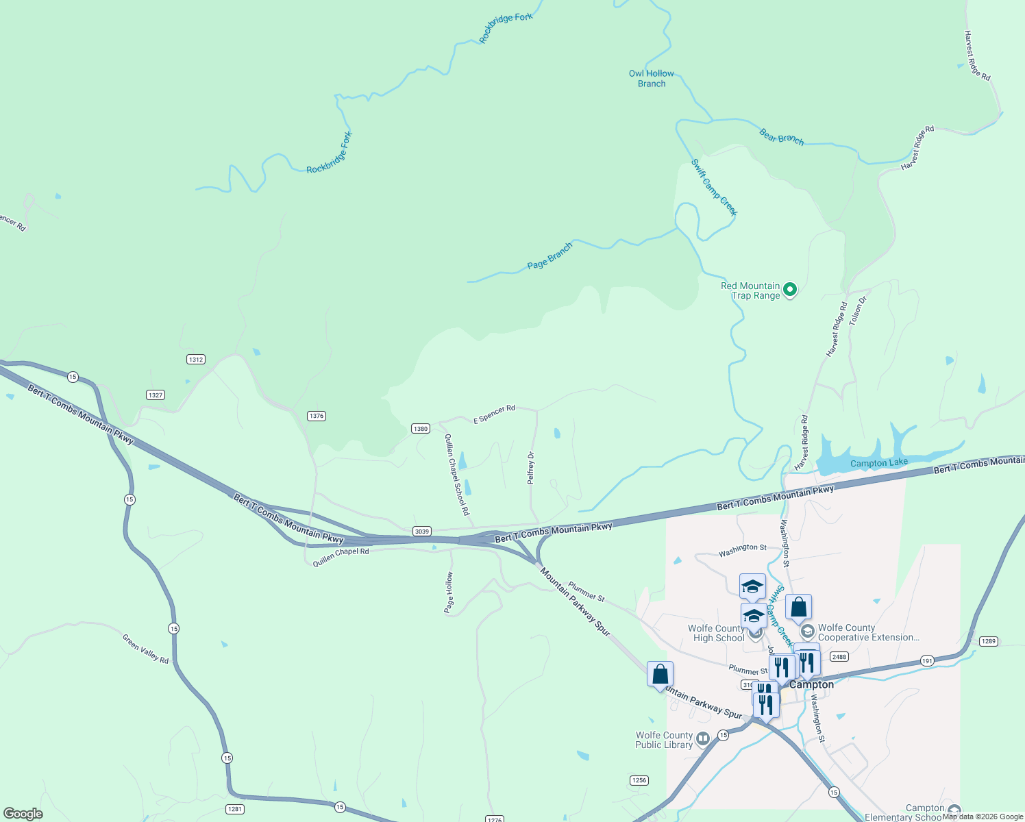 map of restaurants, bars, coffee shops, grocery stores, and more near 440 East Spencer Road in Campton