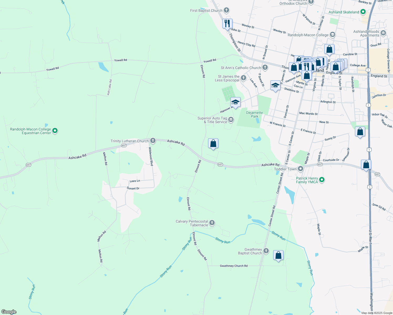 map of restaurants, bars, coffee shops, grocery stores, and more near 11397 Ashcake Road in Ashland