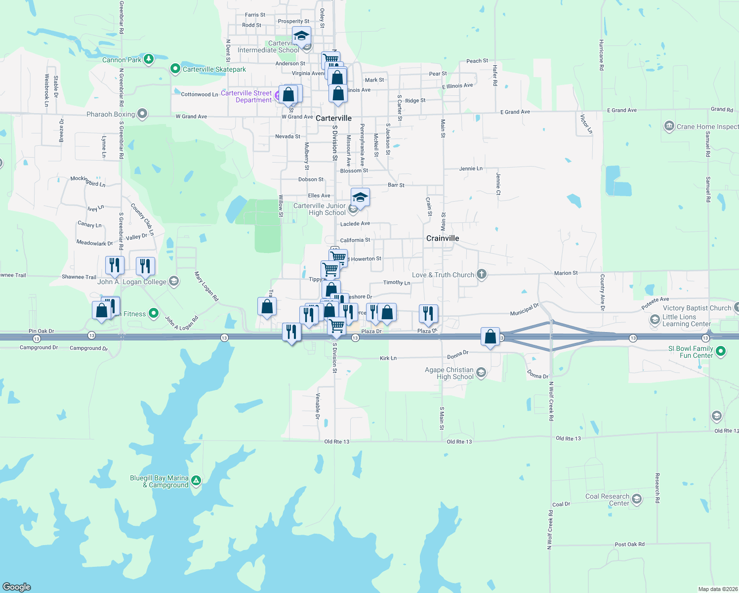 map of restaurants, bars, coffee shops, grocery stores, and more near 299 Lakeshore Dr in Carterville