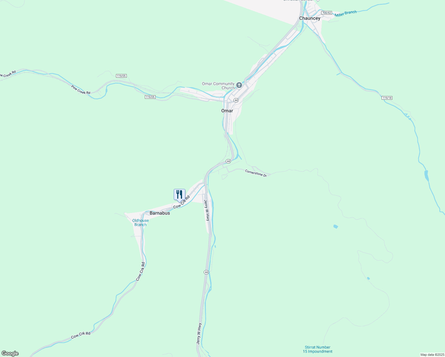 map of restaurants, bars, coffee shops, grocery stores, and more near 175 Hairston Hill Road in Omar