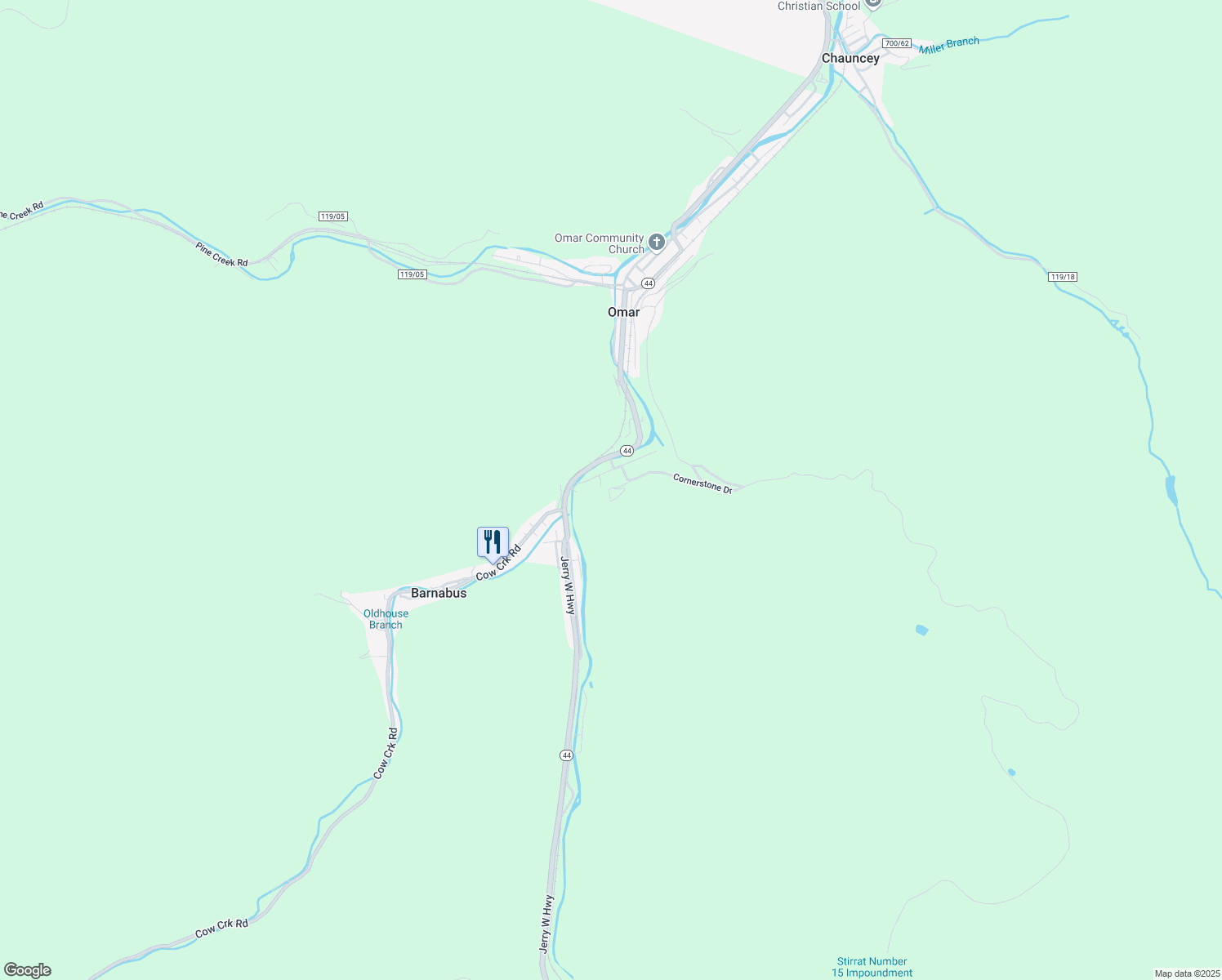 map of restaurants, bars, coffee shops, grocery stores, and more near 175 Hairston Hill Road in Omar