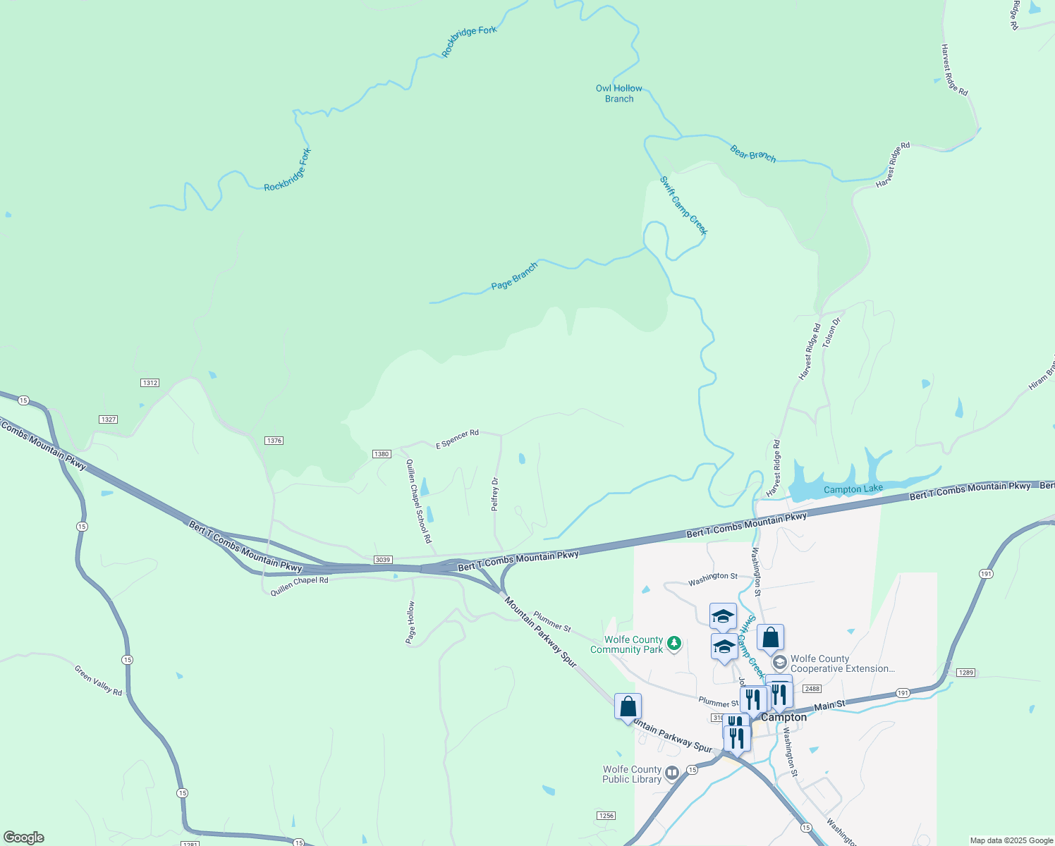 map of restaurants, bars, coffee shops, grocery stores, and more near Quillen Chapel School Road in Campton