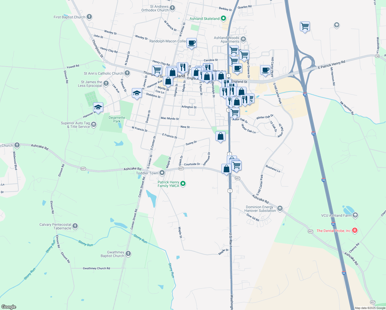 map of restaurants, bars, coffee shops, grocery stores, and more near 12 Cottontree Court in Ashland