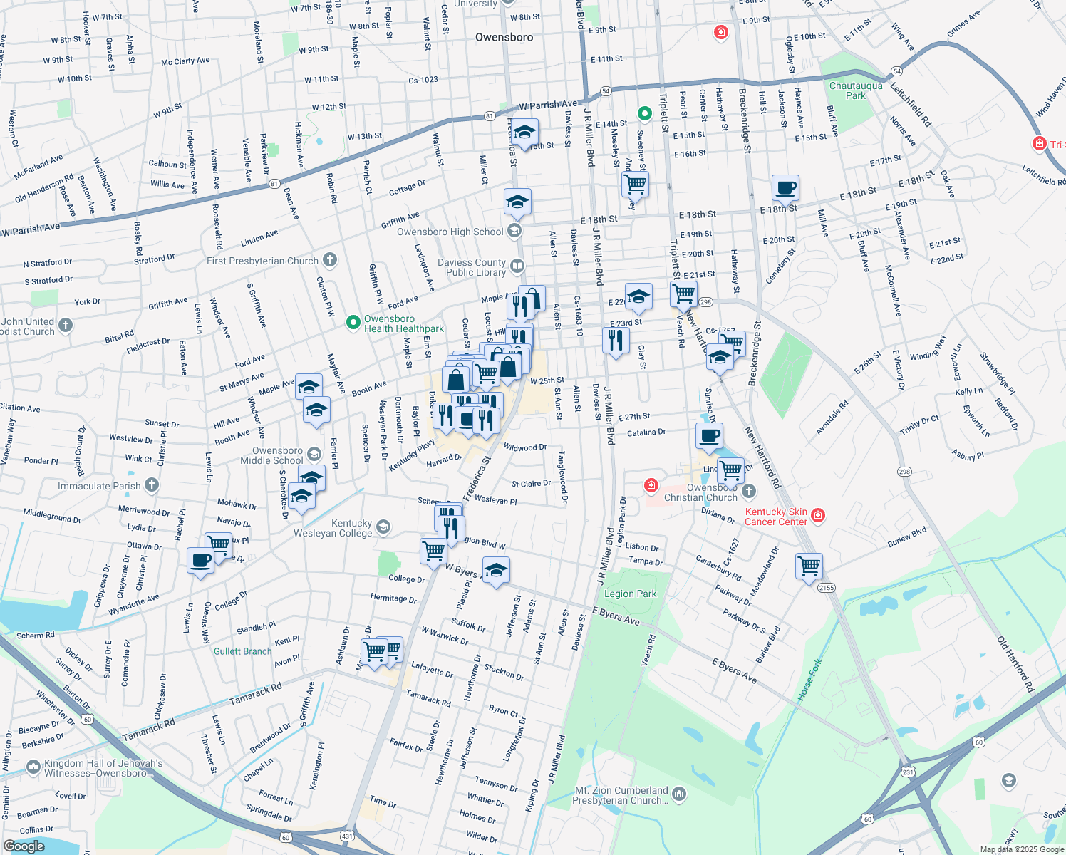 map of restaurants, bars, coffee shops, grocery stores, and more near 2701 Frederica Street in Owensboro