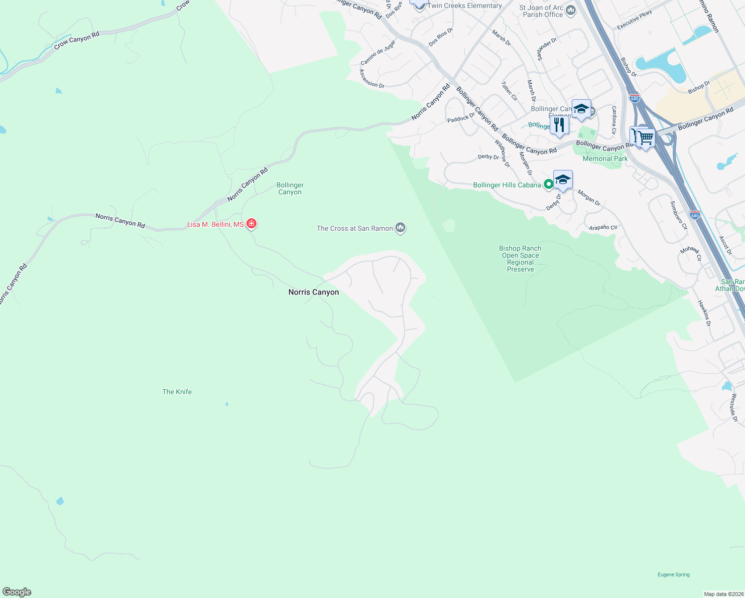 map of restaurants, bars, coffee shops, grocery stores, and more near 548 Wycombe Court in San Ramon
