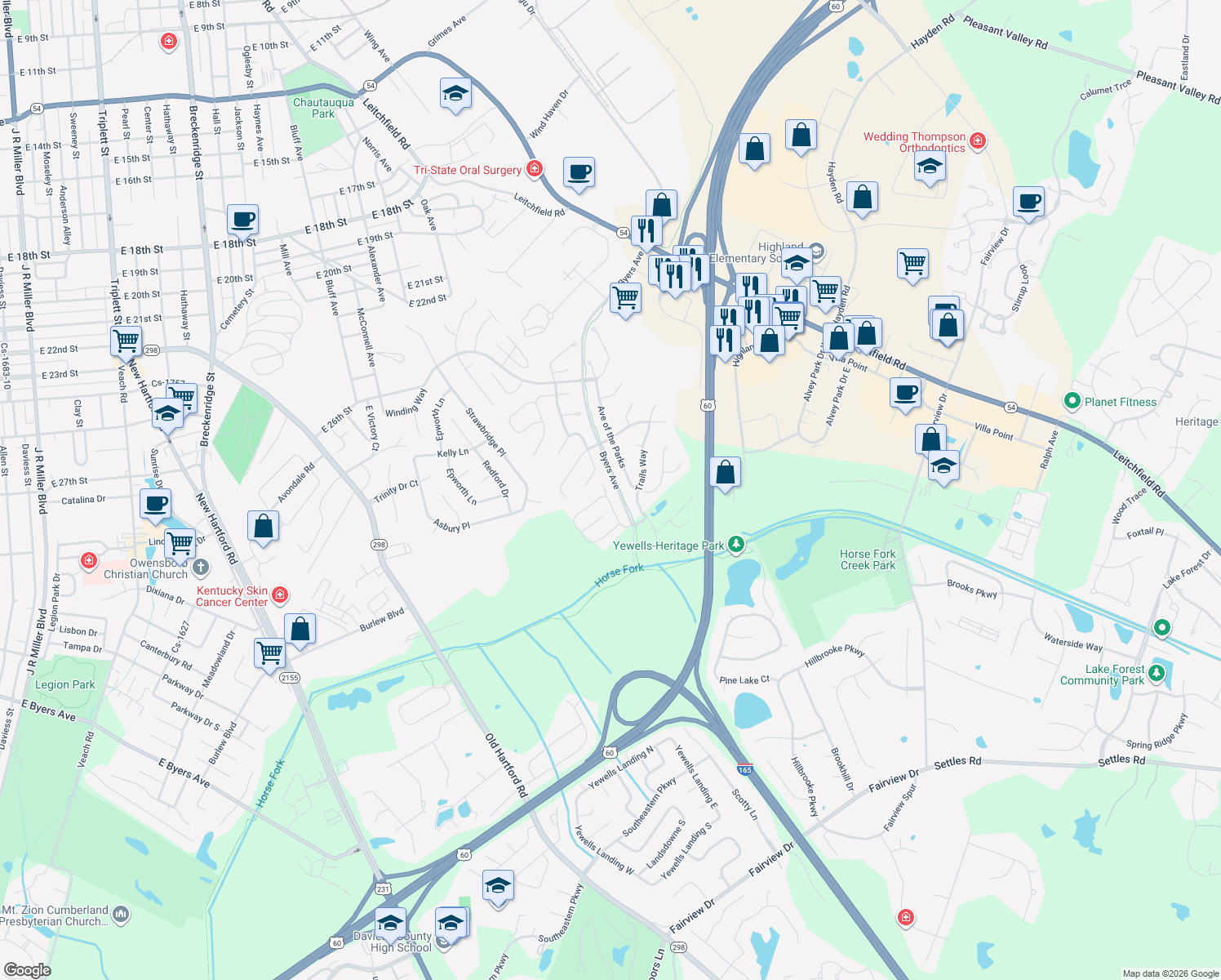 map of restaurants, bars, coffee shops, grocery stores, and more near 3121 Village Gate Cove in Owensboro