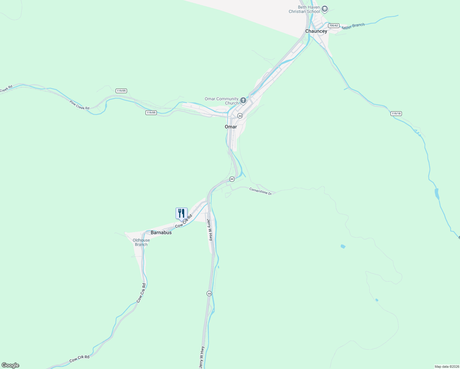 map of restaurants, bars, coffee shops, grocery stores, and more near County Highway 119/21 in Omar