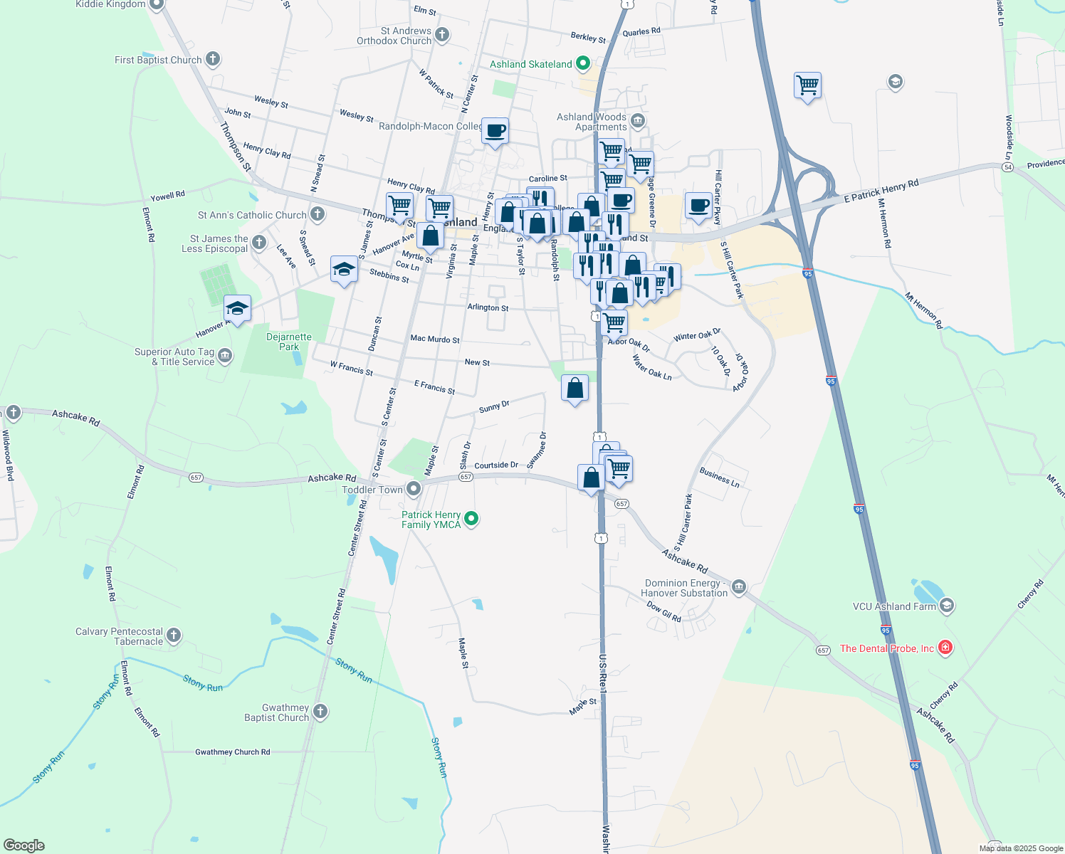 map of restaurants, bars, coffee shops, grocery stores, and more near 4 Swannee Ln in Ashland