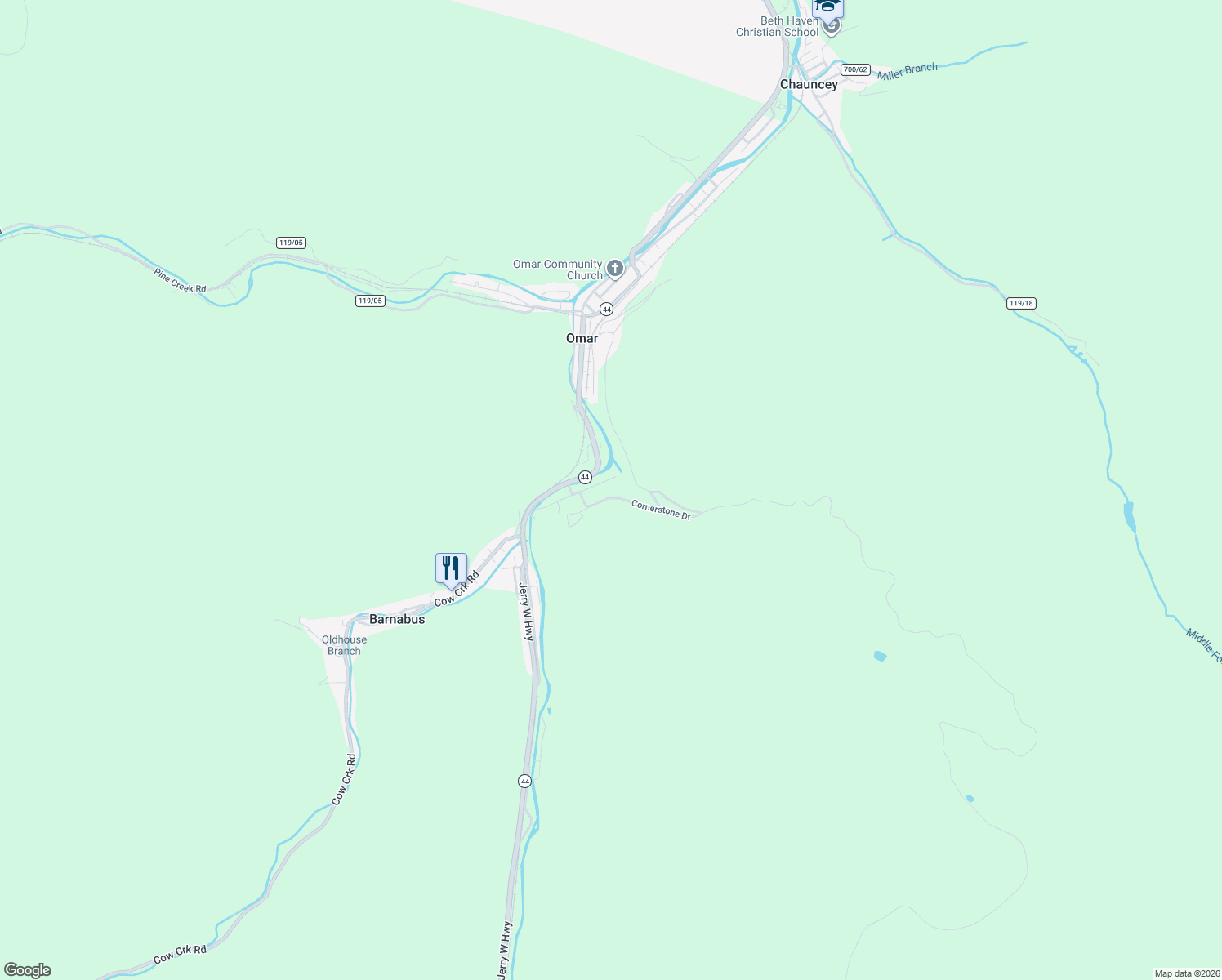 map of restaurants, bars, coffee shops, grocery stores, and more near County Highway 119/21 in Omar