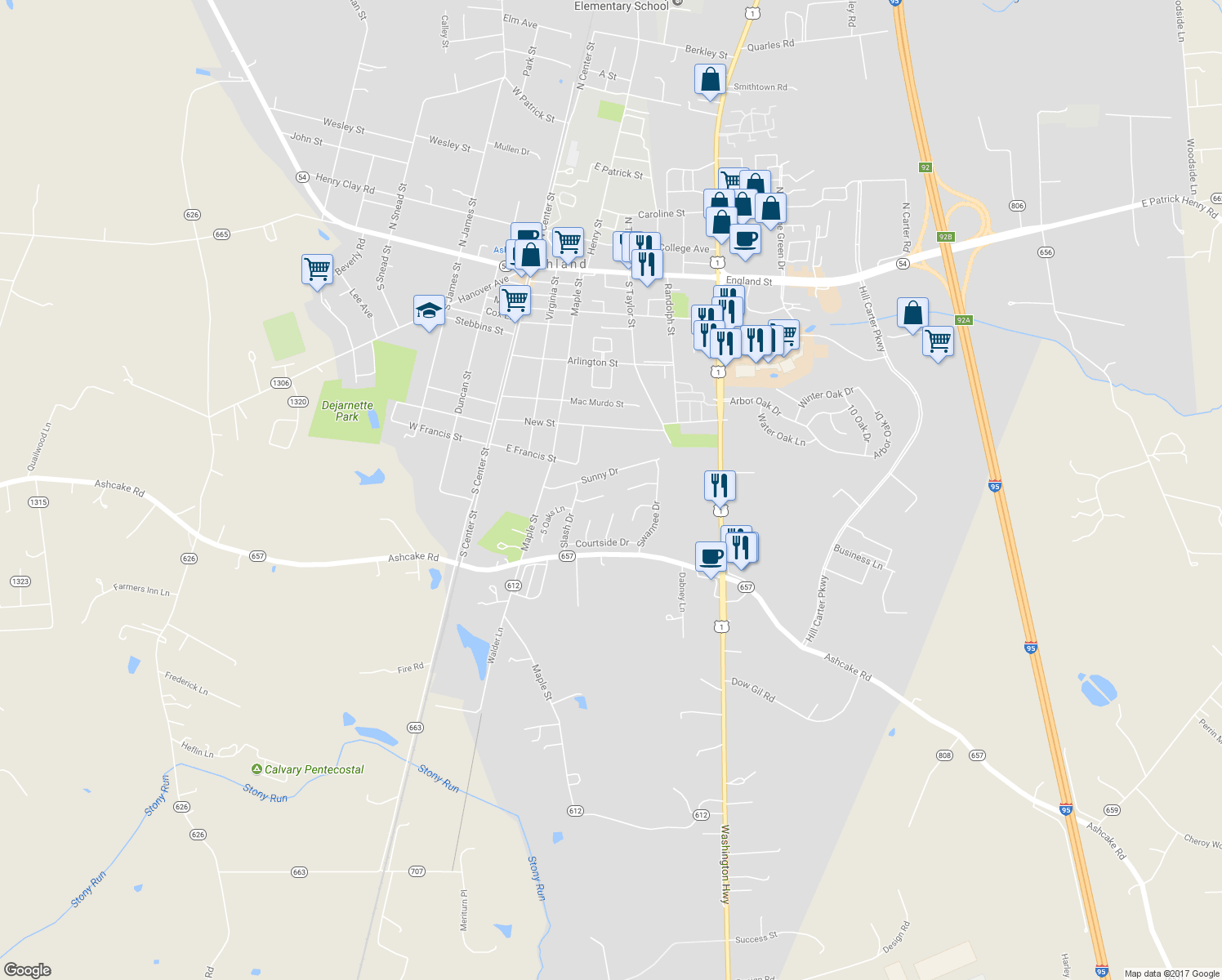 map of restaurants, bars, coffee shops, grocery stores, and more near 14 Slash Court in Ashland