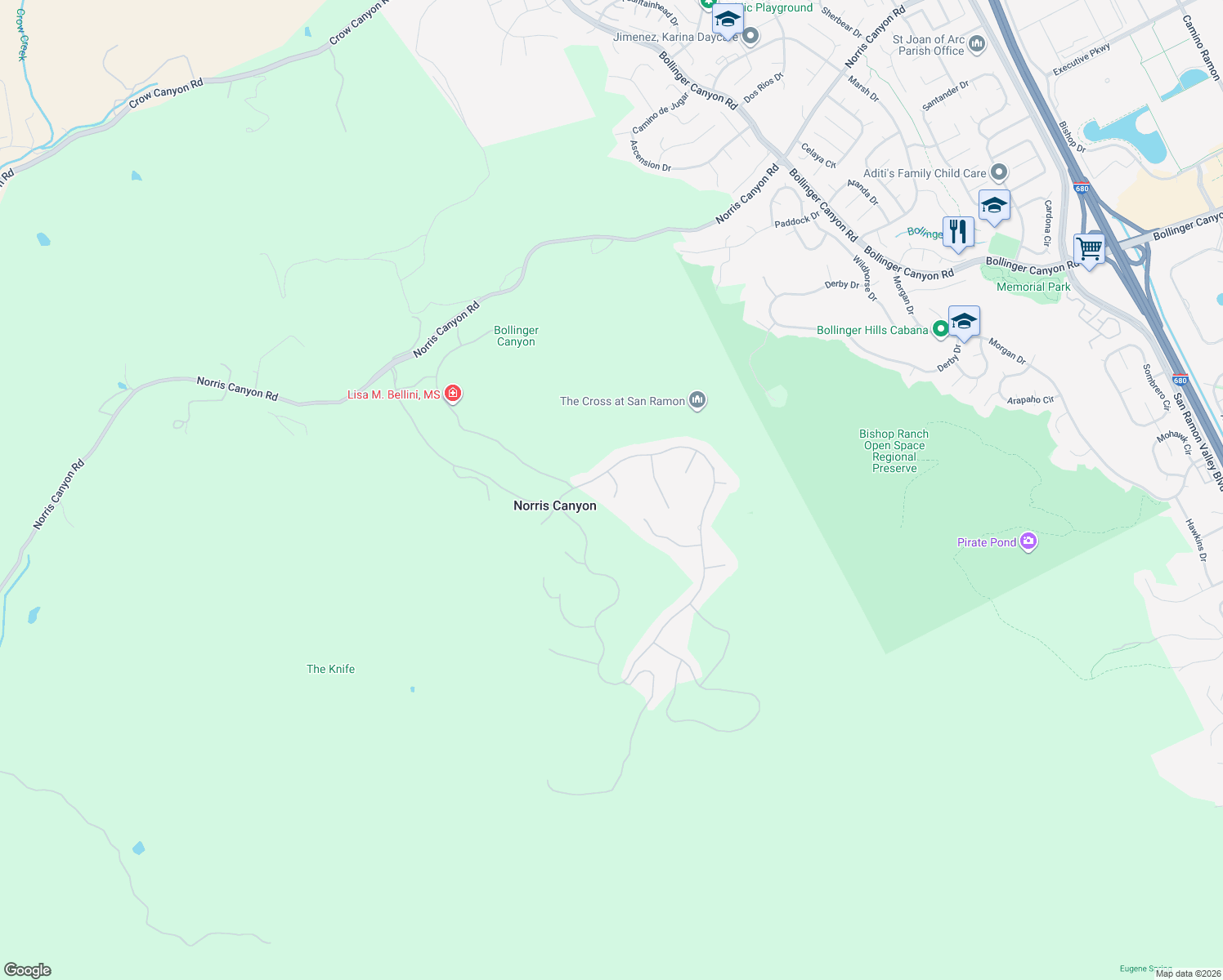 map of restaurants, bars, coffee shops, grocery stores, and more near 600 Hardcastle Court in San Ramon