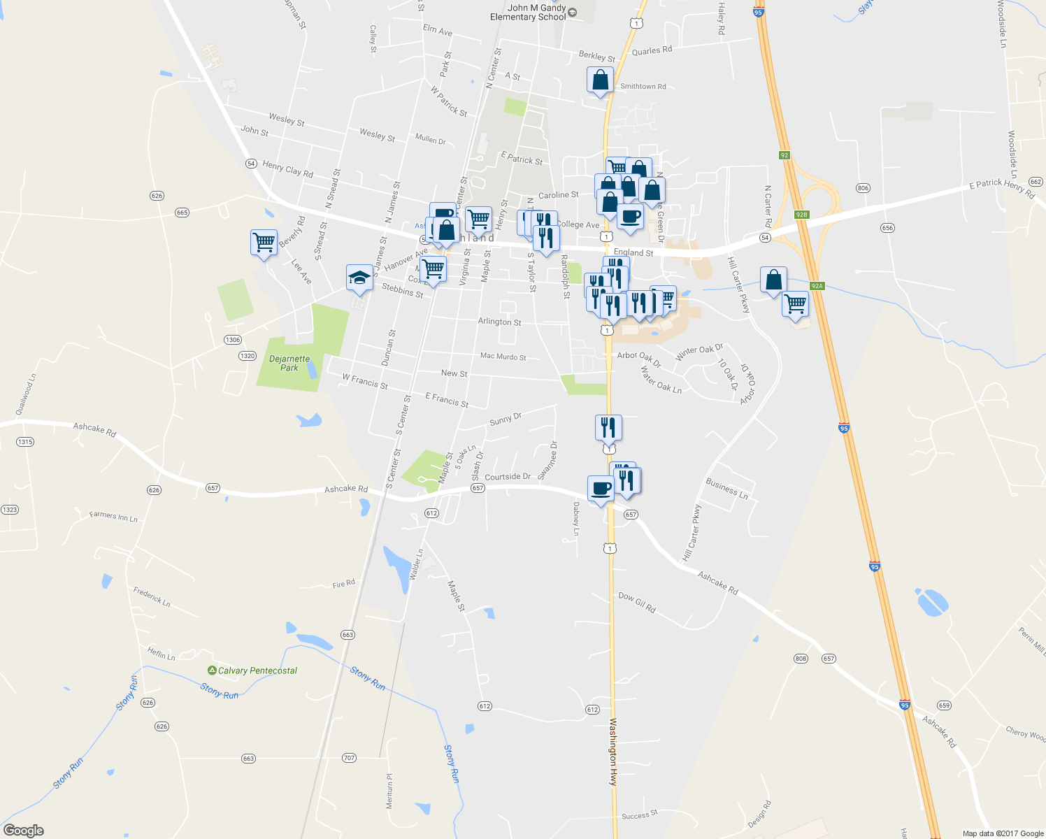 map of restaurants, bars, coffee shops, grocery stores, and more near 131 Sunny Drive in Ashland