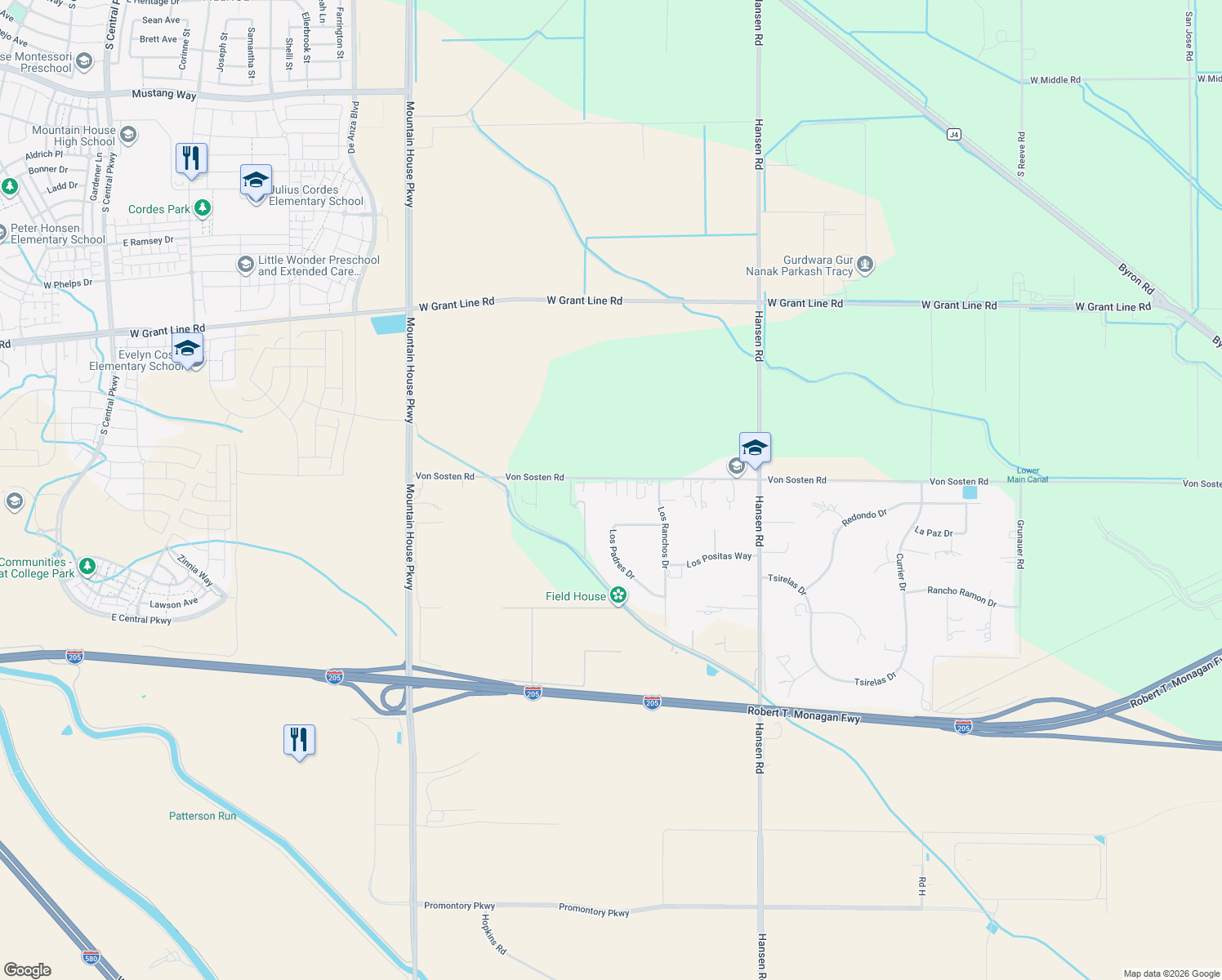 map of restaurants, bars, coffee shops, grocery stores, and more near 17146 Von Sosten Road in Tracy