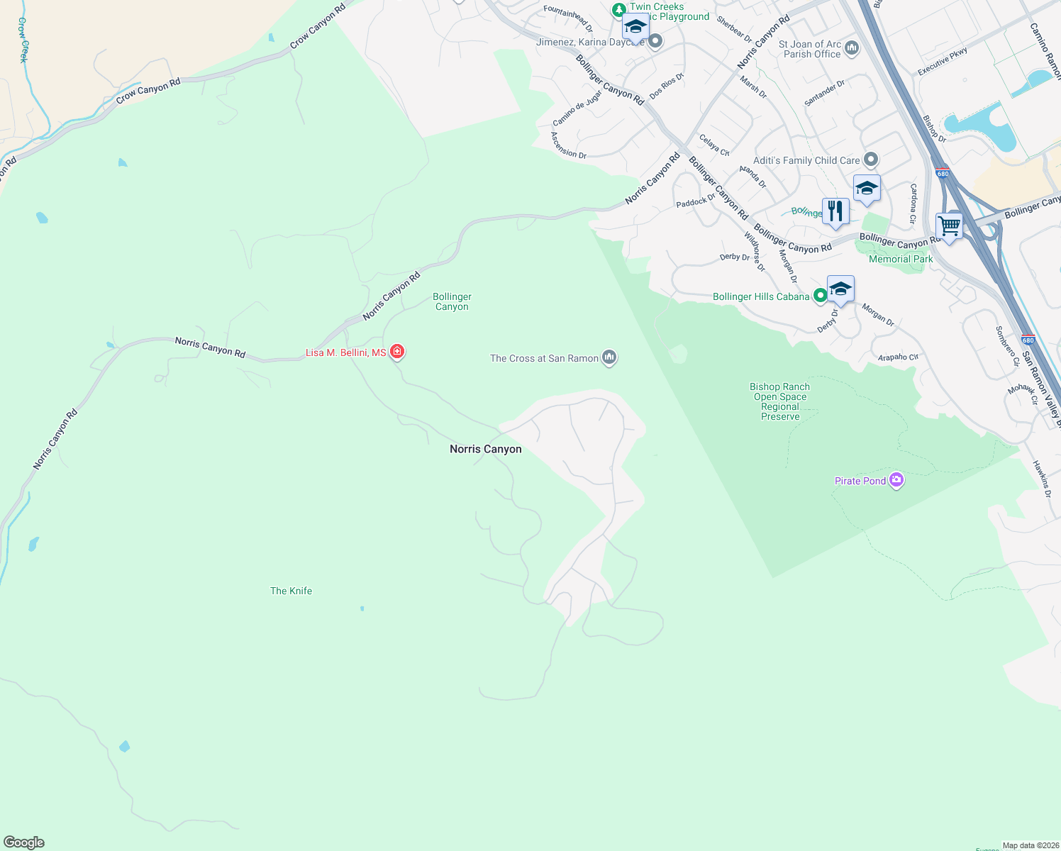 map of restaurants, bars, coffee shops, grocery stores, and more near 600 Hardcastle Court in San Ramon