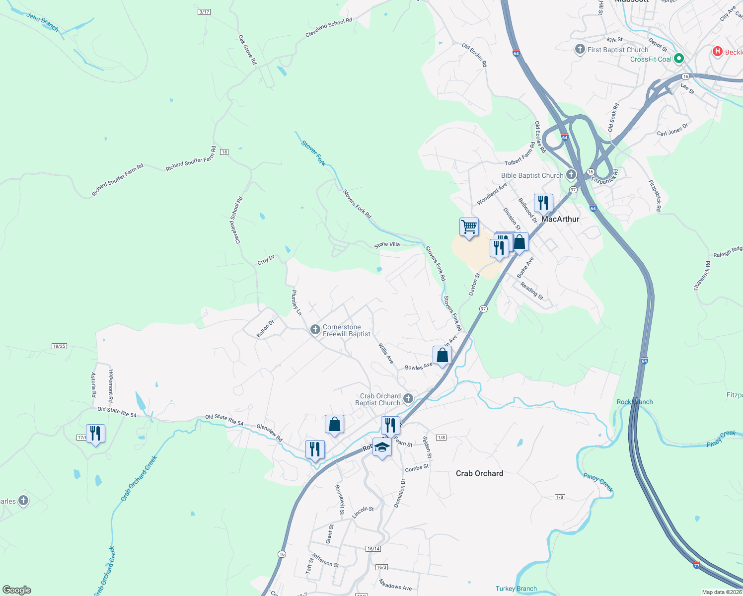map of restaurants, bars, coffee shops, grocery stores, and more near 267 Crab Orchard Avenue in Beckley