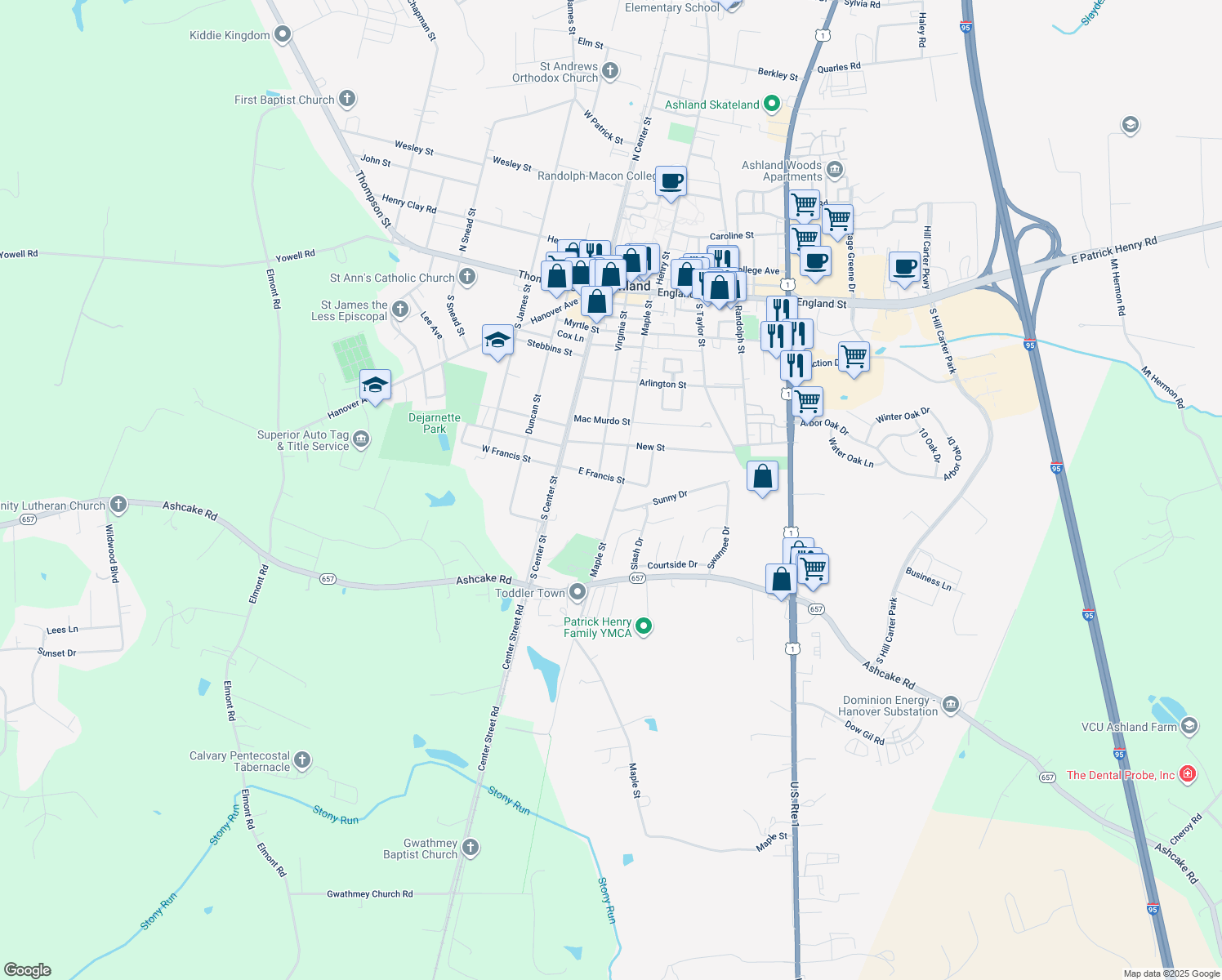 map of restaurants, bars, coffee shops, grocery stores, and more near 1092 Maple Street in Ashland