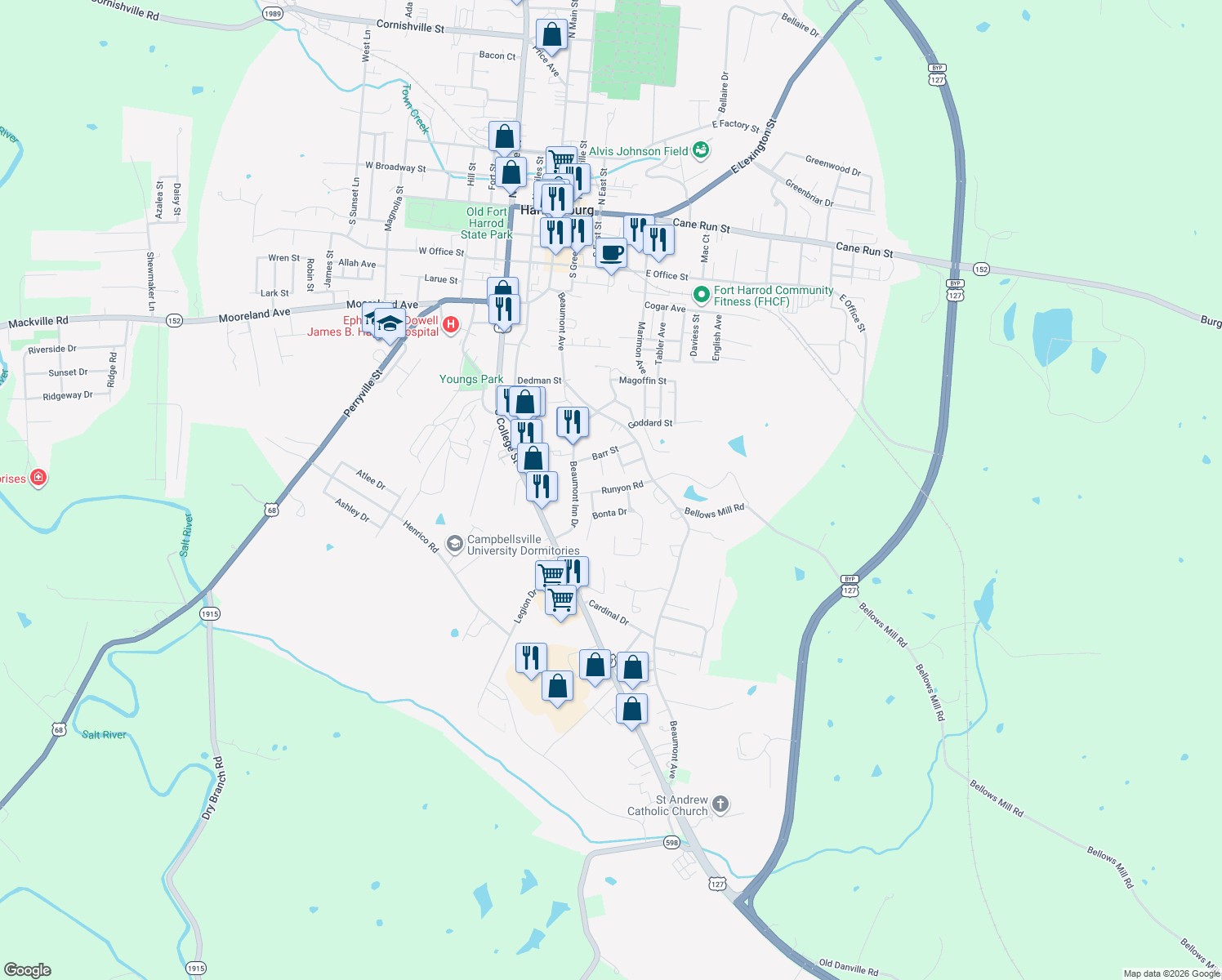 map of restaurants, bars, coffee shops, grocery stores, and more near 364 Runyon Rd in Harrodsburg