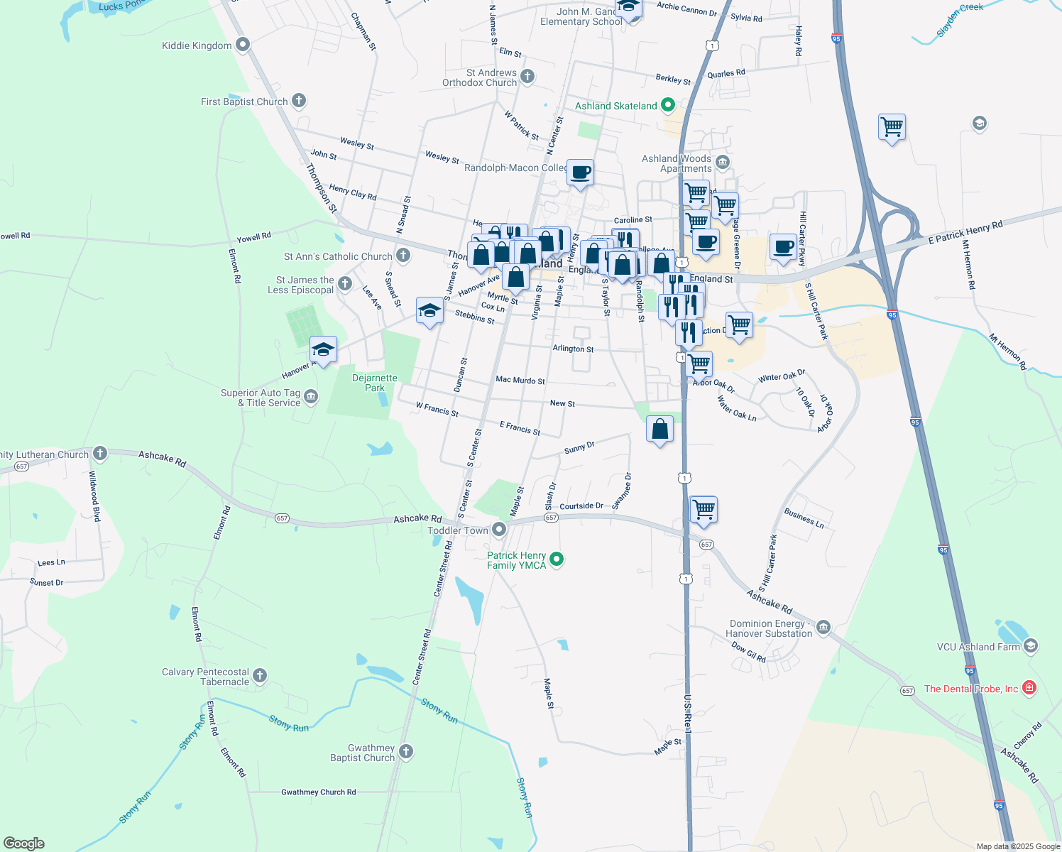 map of restaurants, bars, coffee shops, grocery stores, and more near 204 East Francis Street in Ashland