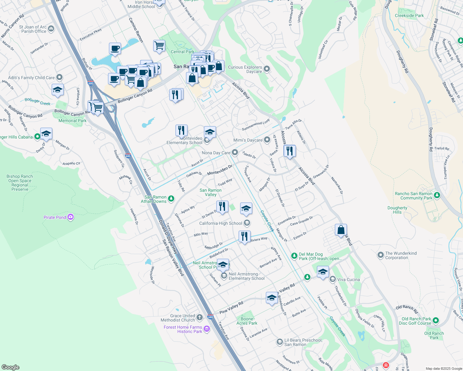 map of restaurants, bars, coffee shops, grocery stores, and more near Foxboro Court in San Ramon