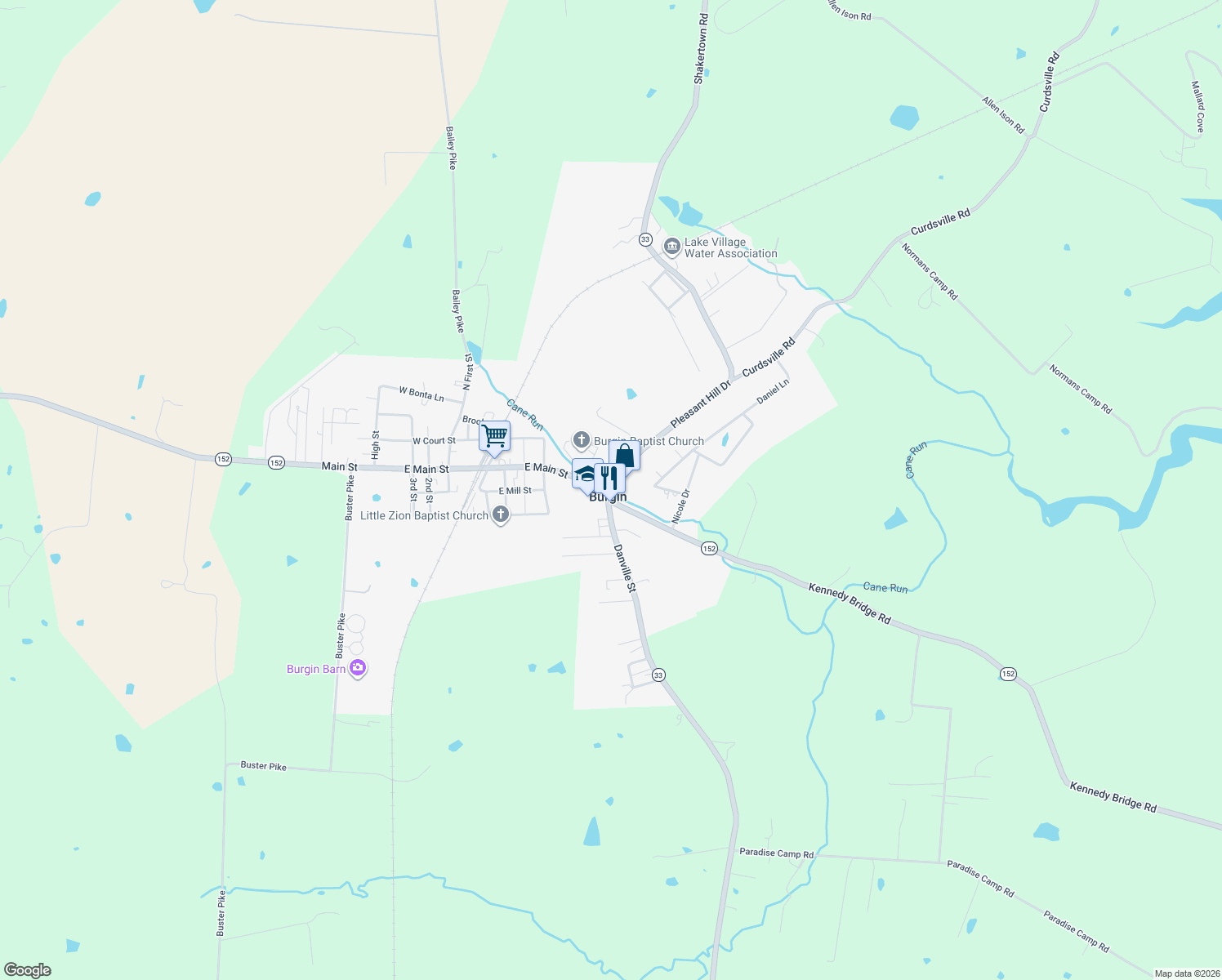 map of restaurants, bars, coffee shops, grocery stores, and more near Kentucky 33 in Harrodsburg