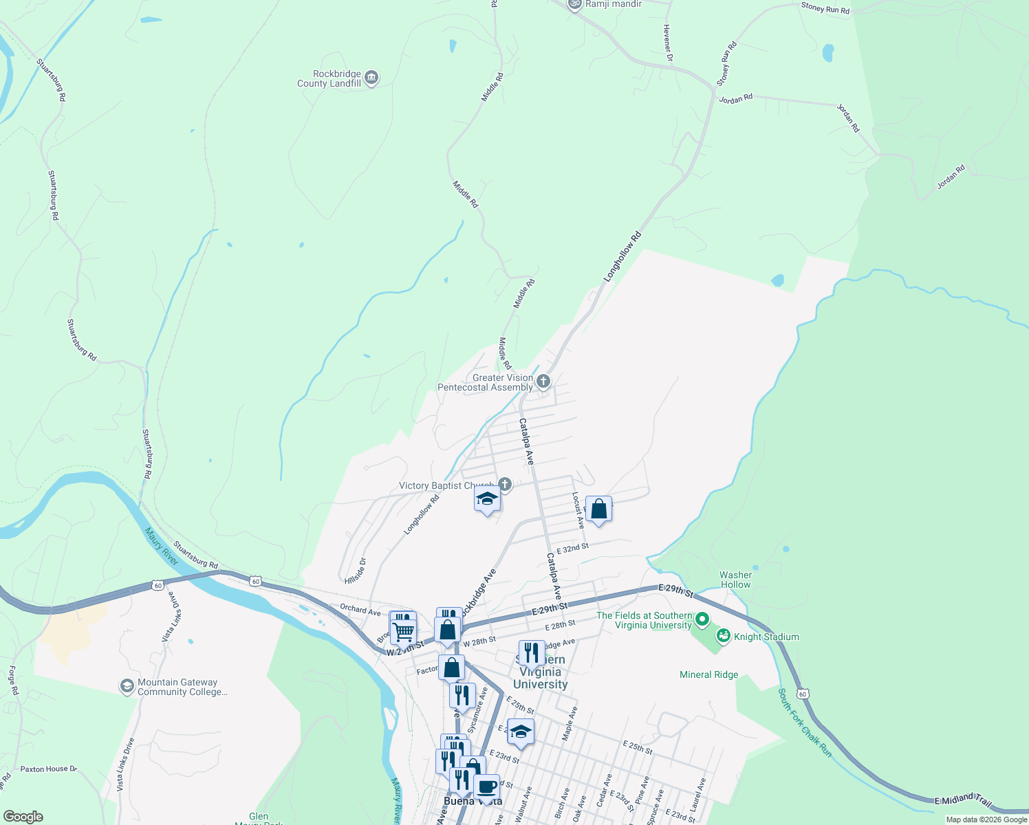 map of restaurants, bars, coffee shops, grocery stores, and more near 599 Longhollow Rd in Buena Vista