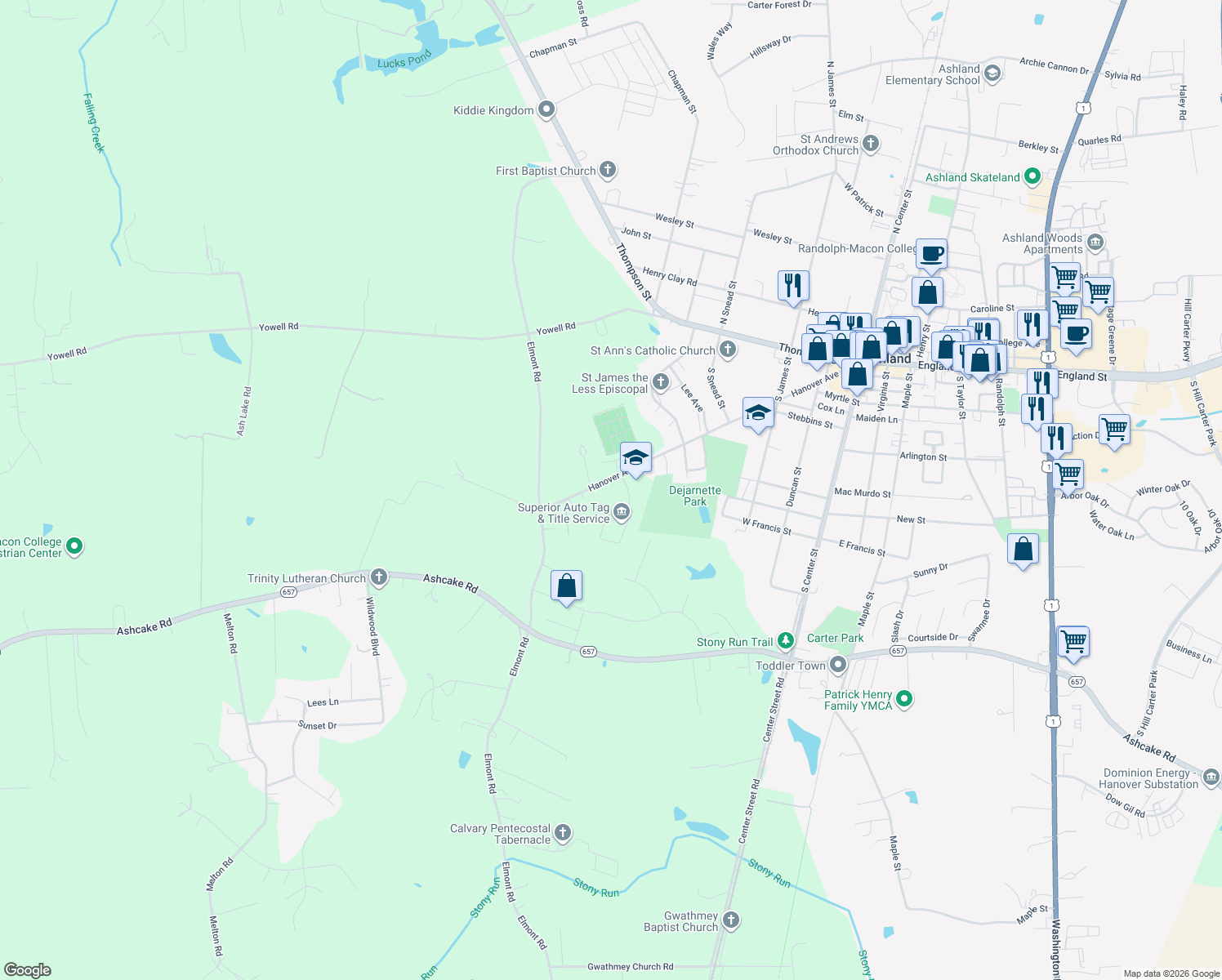 map of restaurants, bars, coffee shops, grocery stores, and more near 11343 Hanover Avenue in Ashland