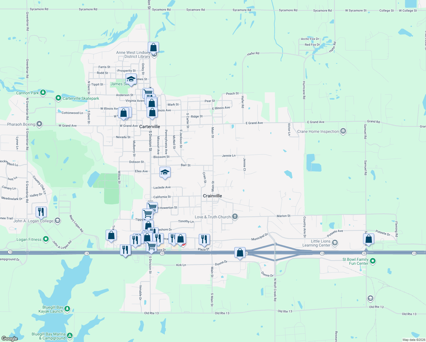 map of restaurants, bars, coffee shops, grocery stores, and more near 798 Adams St in Carterville