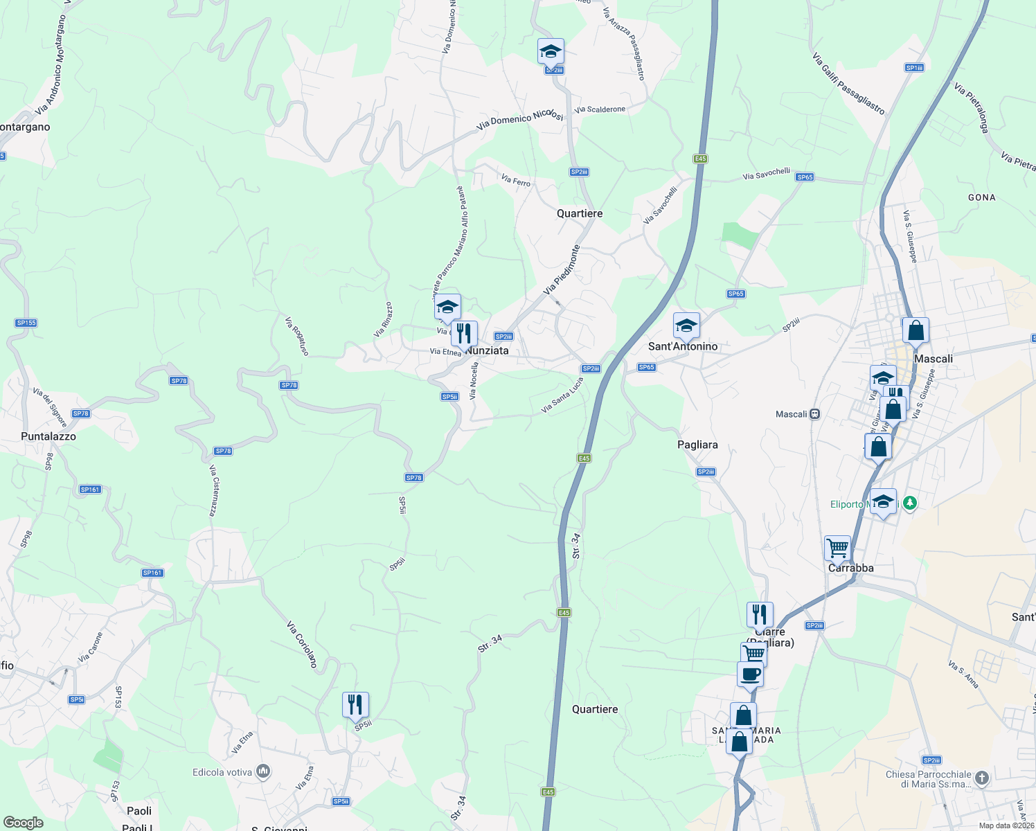 map of restaurants, bars, coffee shops, grocery stores, and more near 25 Via Santa Lucia in Città metropolitana di Catania