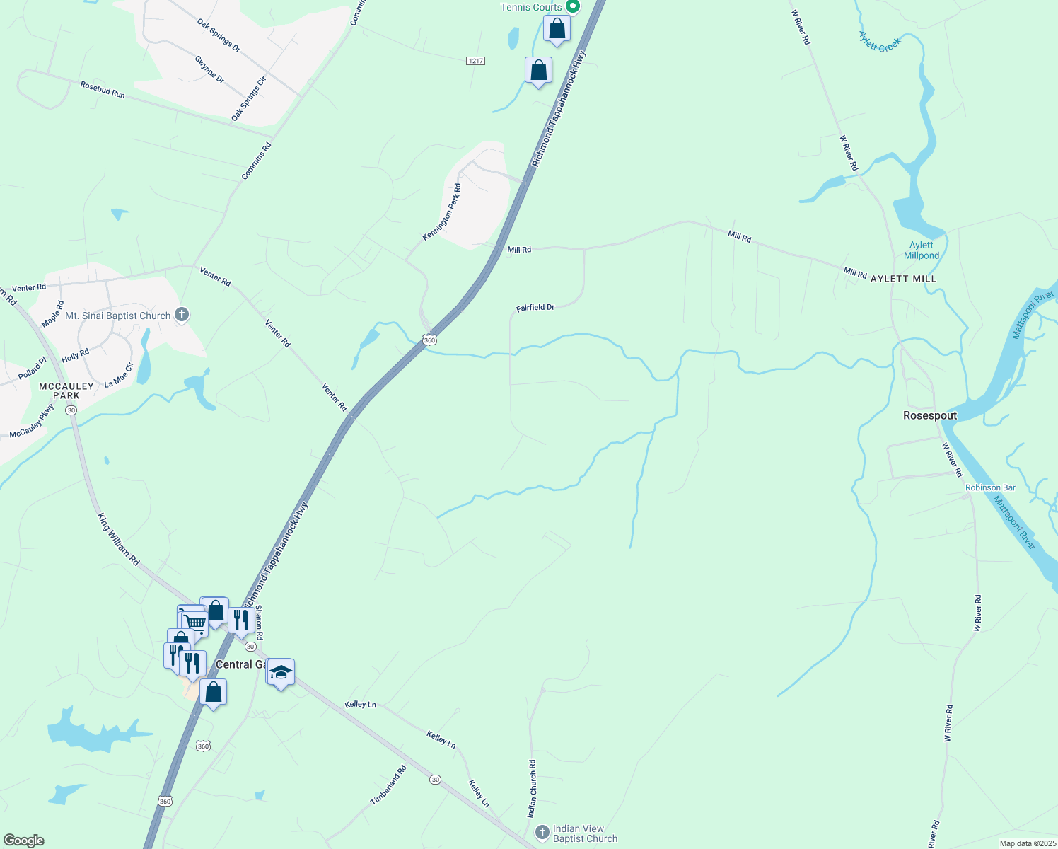map of restaurants, bars, coffee shops, grocery stores, and more near 843 Fairfield Drive in King William