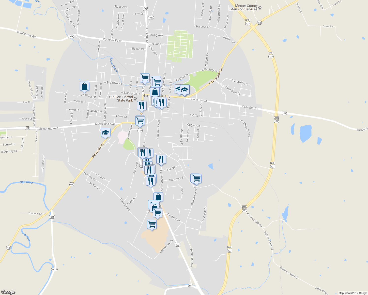 map of restaurants, bars, coffee shops, grocery stores, and more near 402 Magoffin Street in Harrodsburg