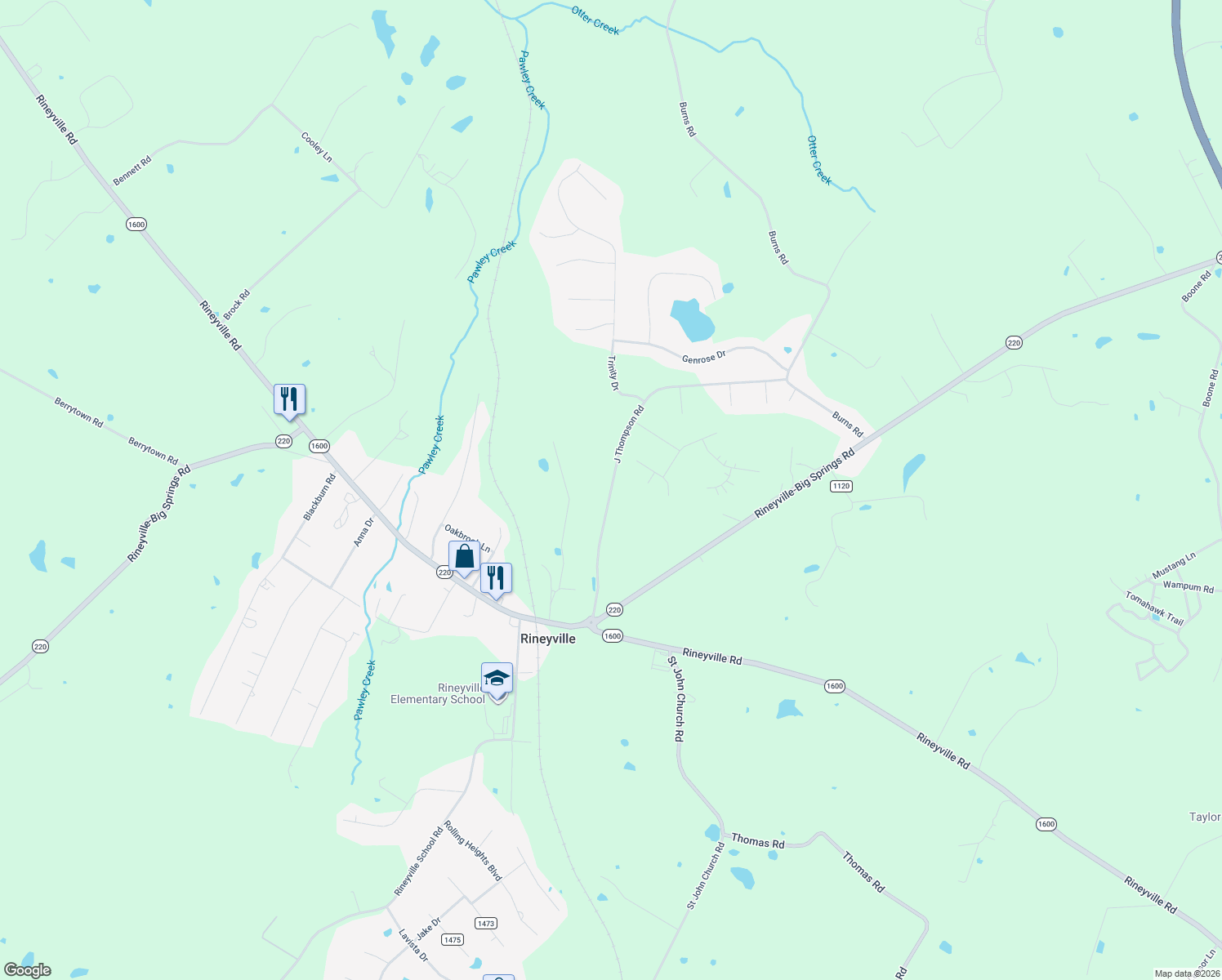 map of restaurants, bars, coffee shops, grocery stores, and more near 355 J Thompson Road in Rineyville