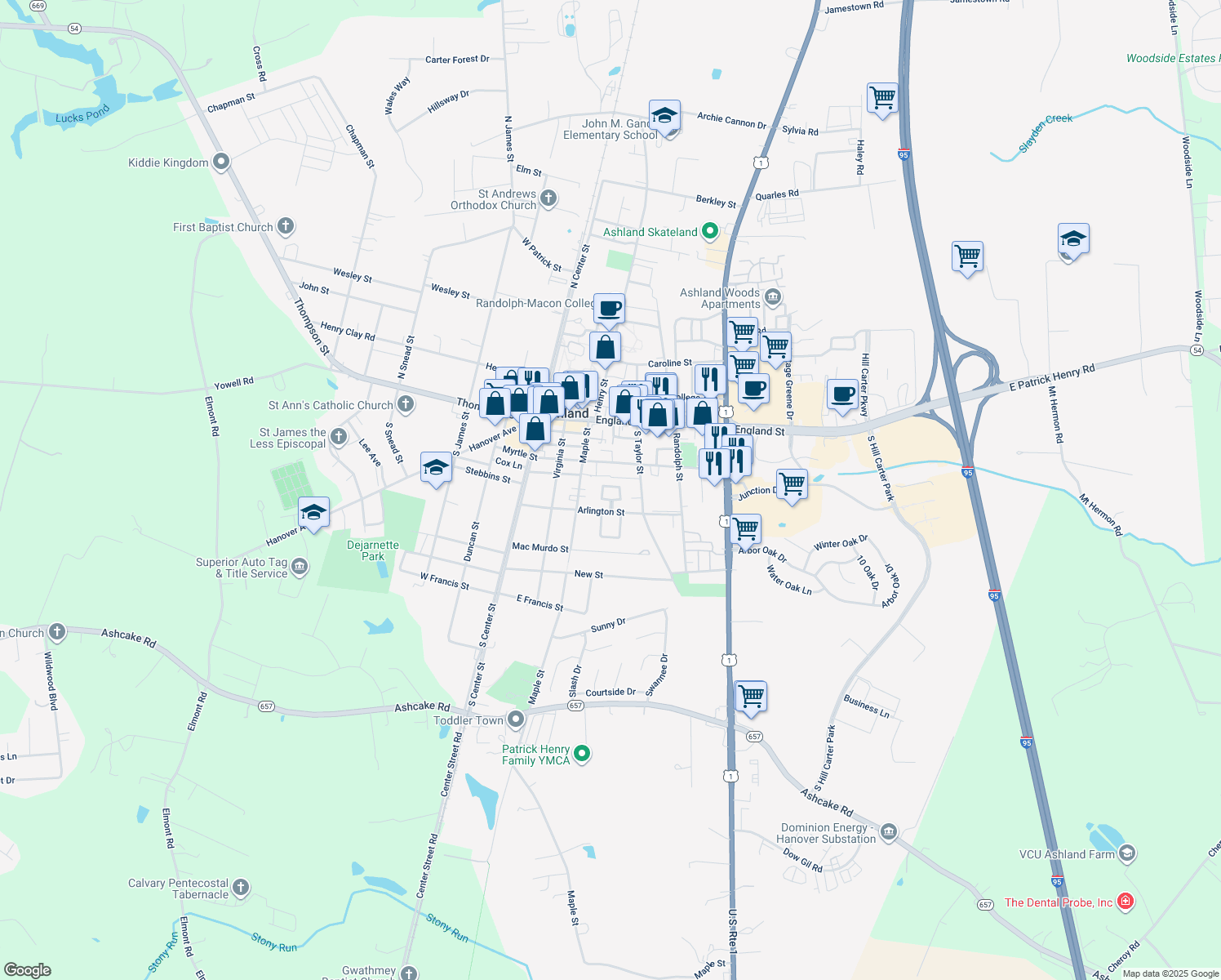 map of restaurants, bars, coffee shops, grocery stores, and more near 154 Arlington Square in Ashland