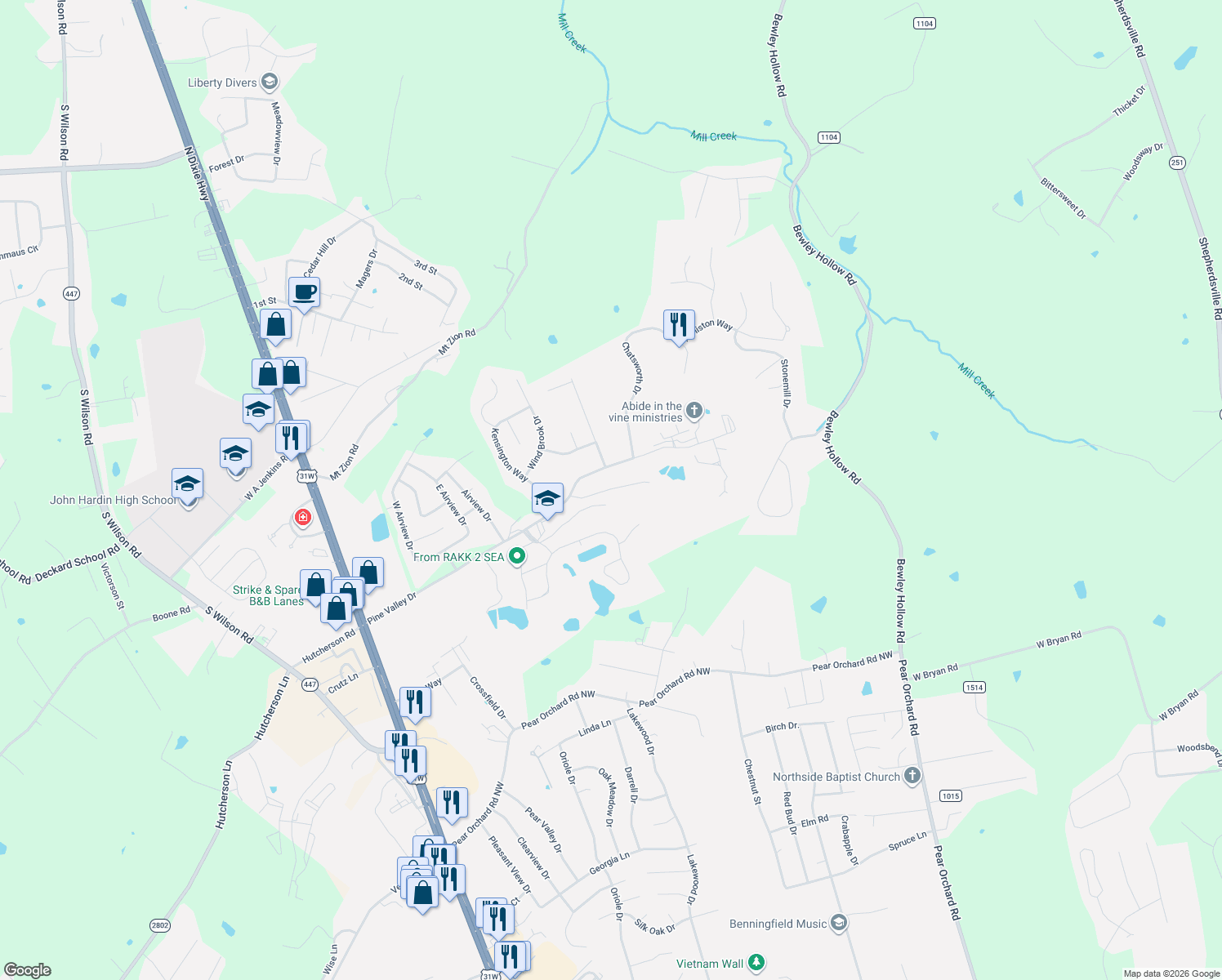 map of restaurants, bars, coffee shops, grocery stores, and more near 810 Cs-1535 in Elizabethtown