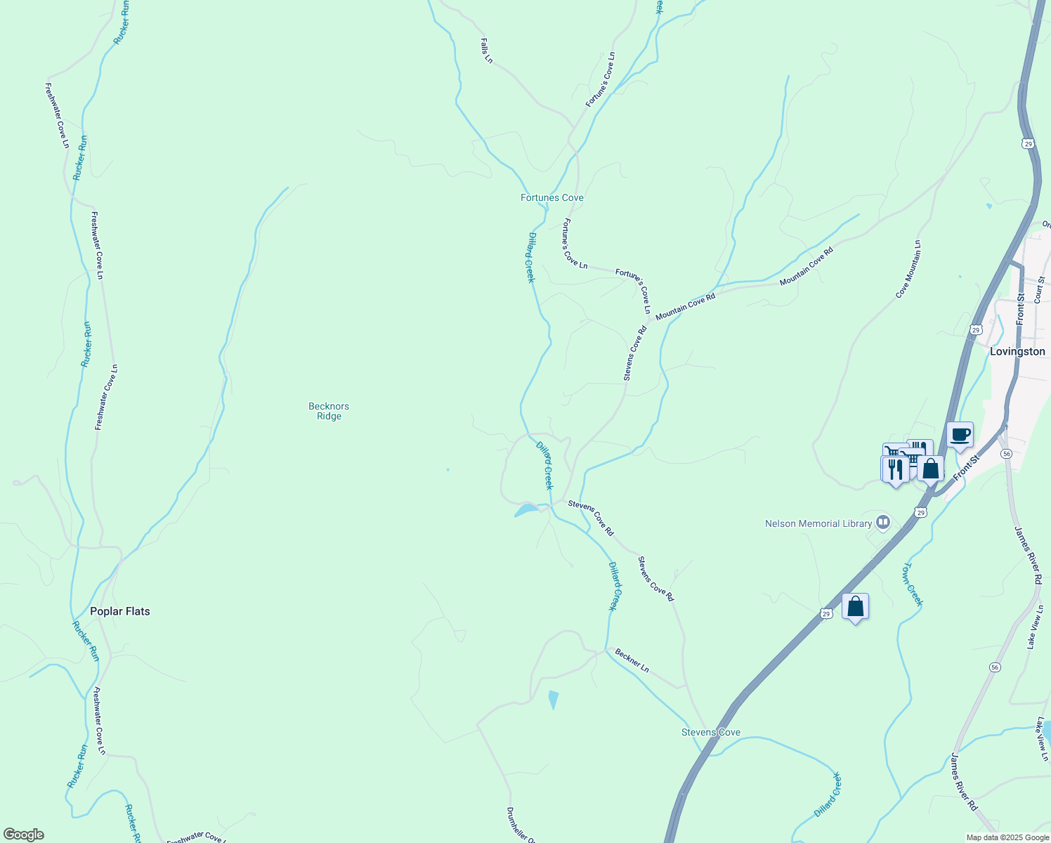 map of restaurants, bars, coffee shops, grocery stores, and more near 374 Ruckers Run Lane in Lovingston