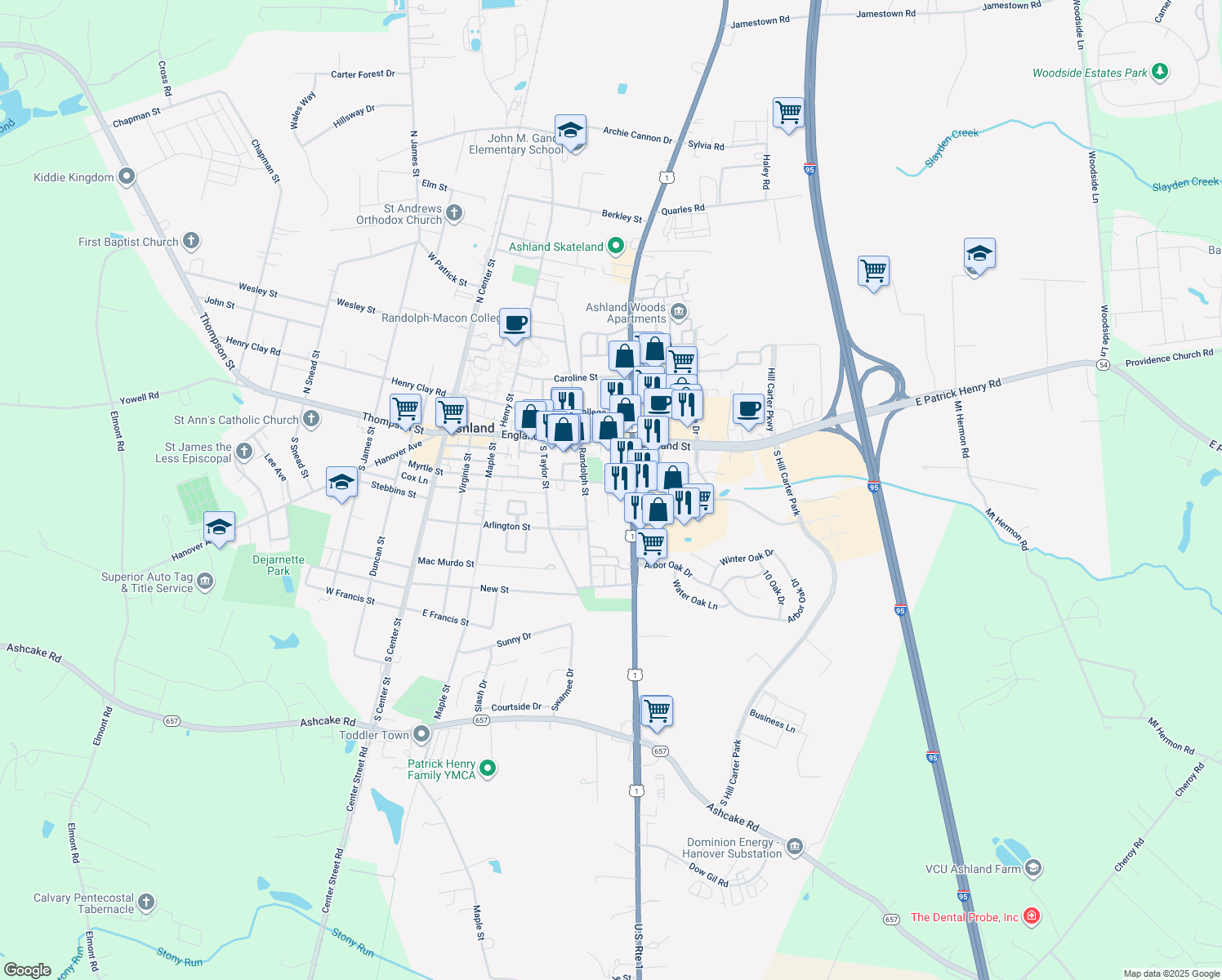 map of restaurants, bars, coffee shops, grocery stores, and more near 511 Myrtle Street in Ashland