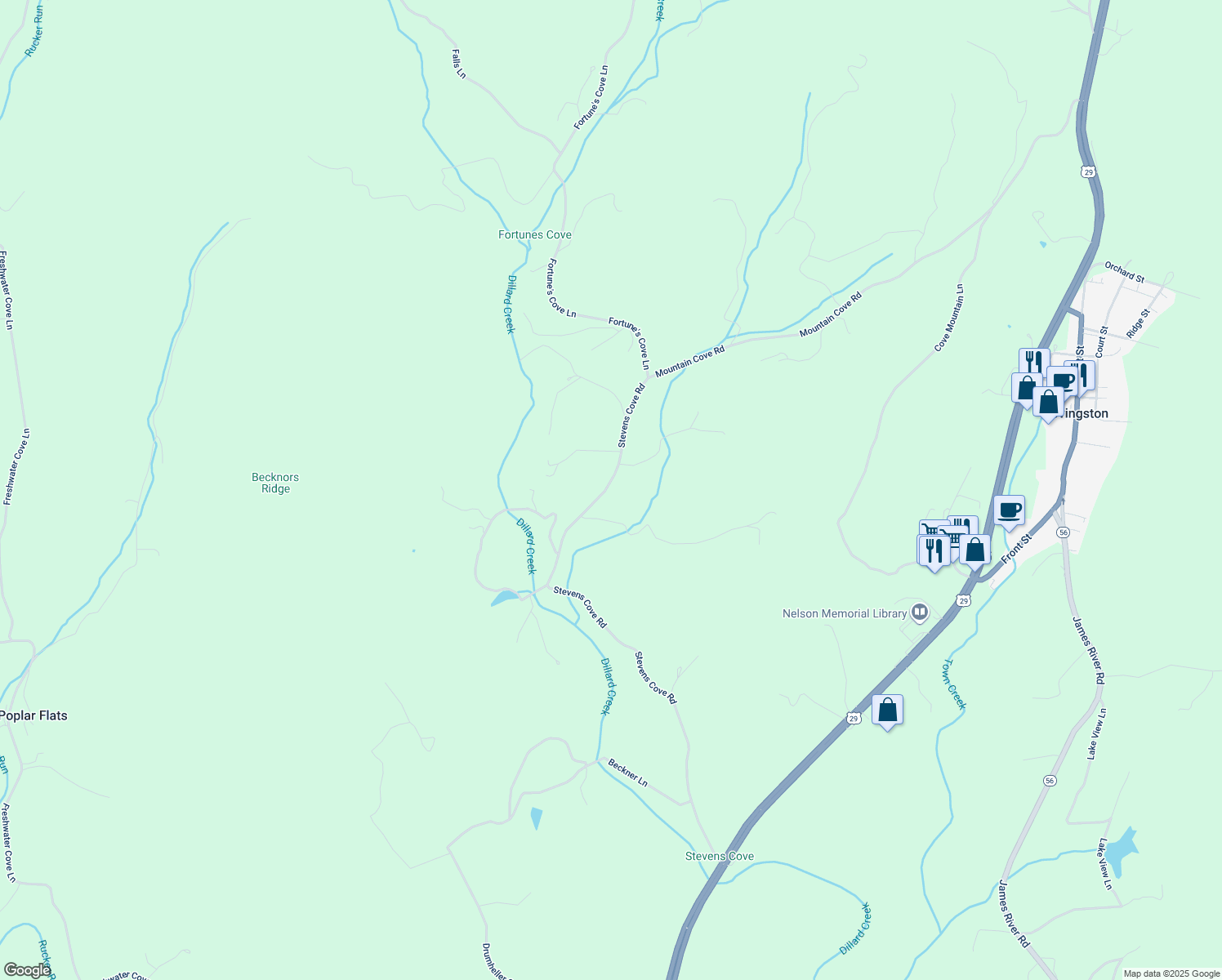 map of restaurants, bars, coffee shops, grocery stores, and more near 1354 Stevens Cove Road in Lovingston