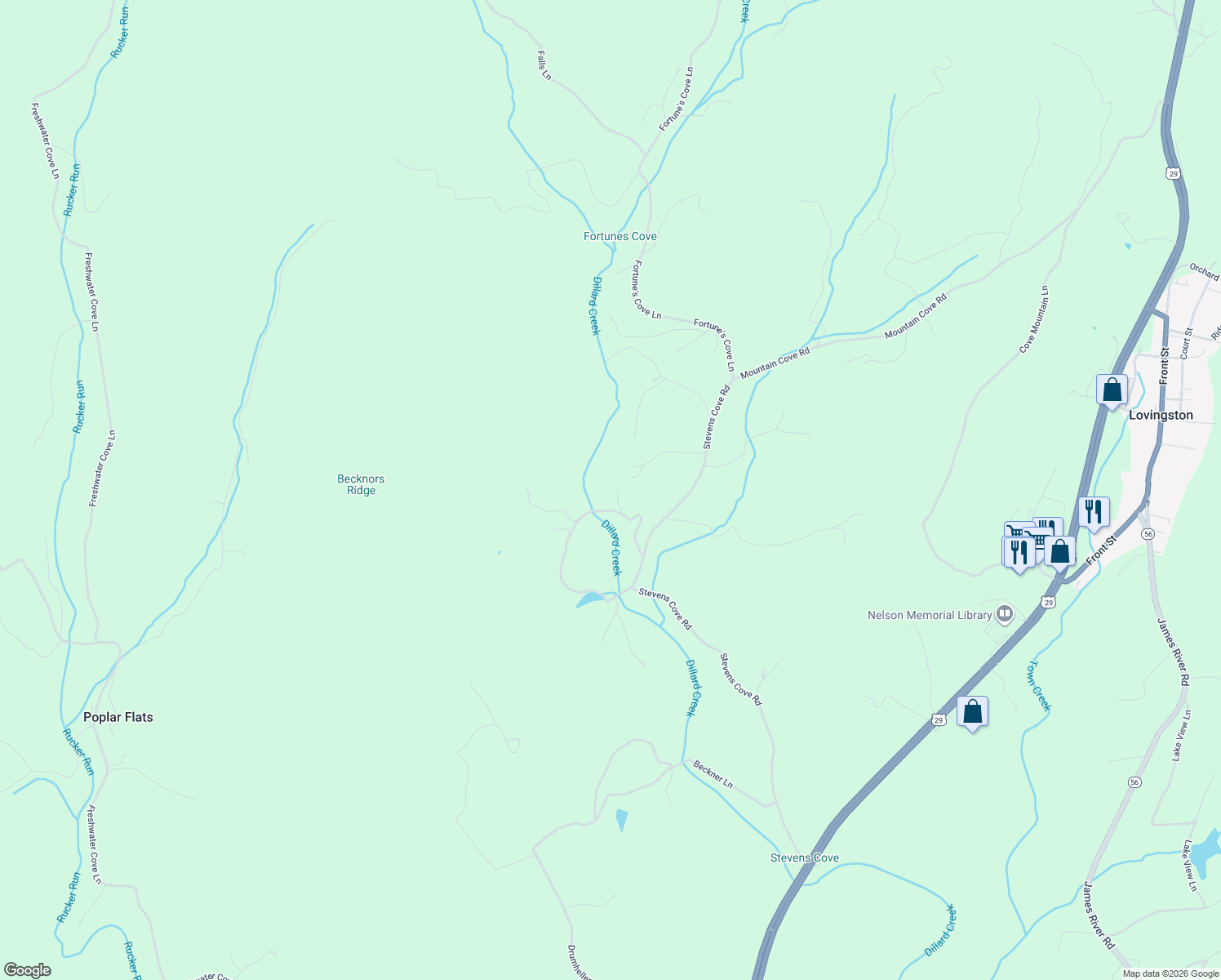map of restaurants, bars, coffee shops, grocery stores, and more near 188 Ruckers Run Lane in Lovingston