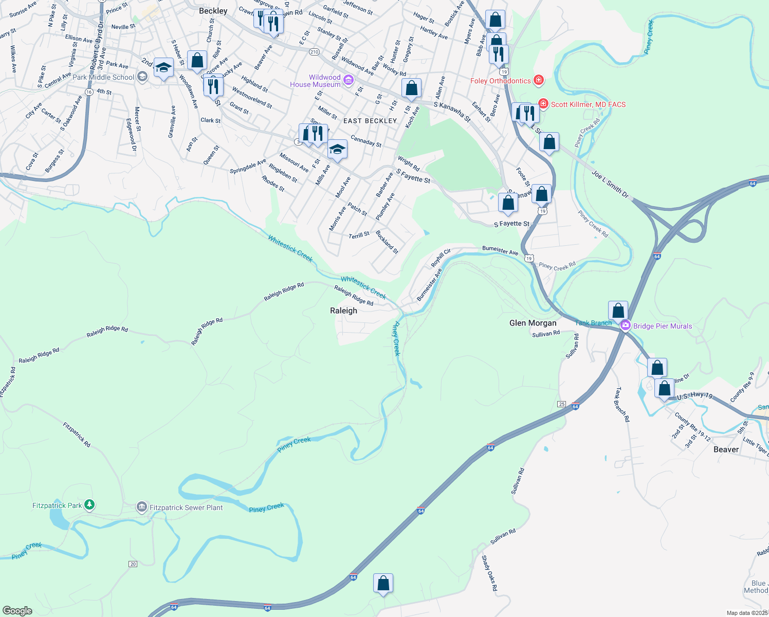 map of restaurants, bars, coffee shops, grocery stores, and more near 104 Ralview Lane in Beckley