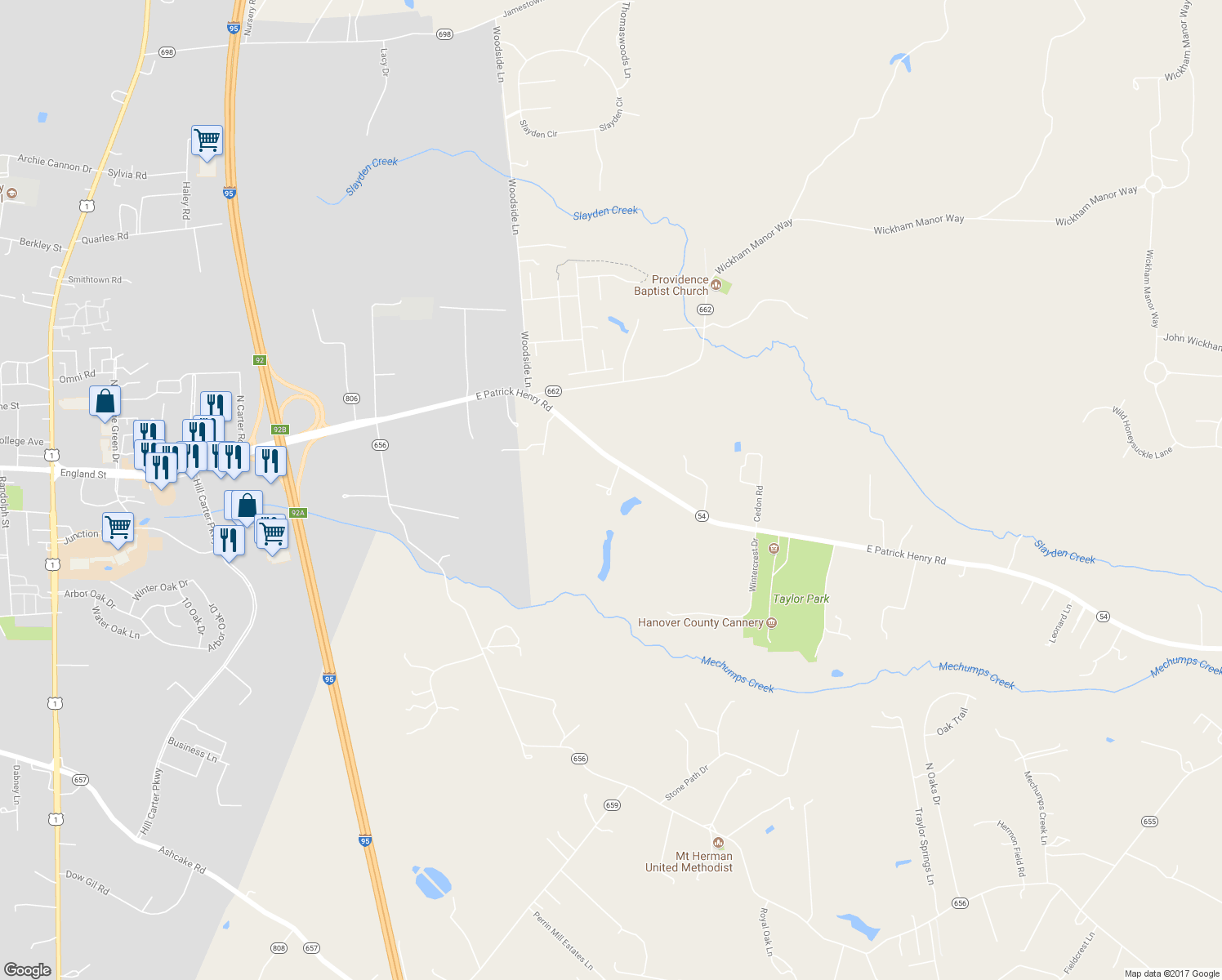 map of restaurants, bars, coffee shops, grocery stores, and more near 10067 East Patrick Henry Road in Ashland