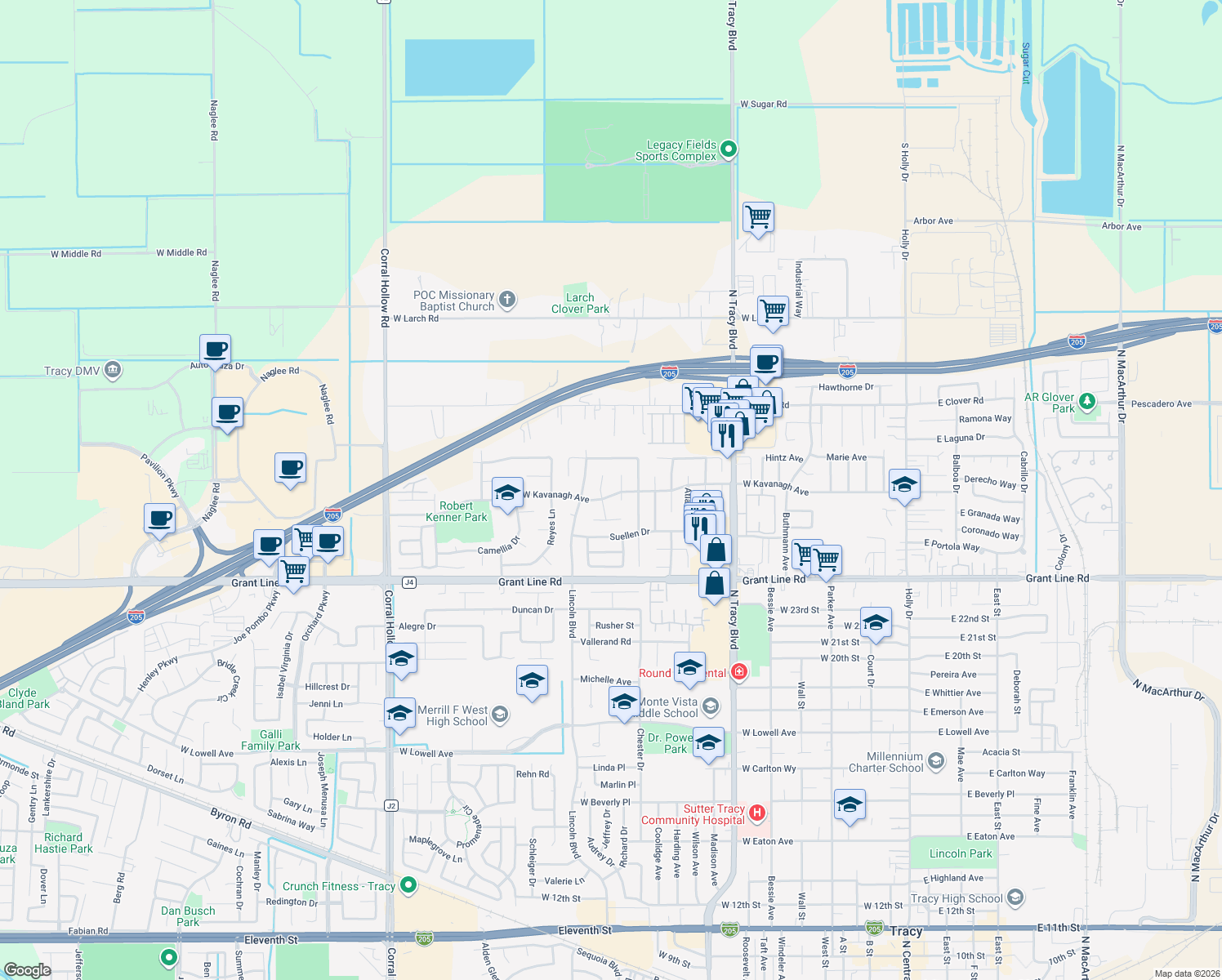 map of restaurants, bars, coffee shops, grocery stores, and more near 1361 West Kavanagh Avenue in Tracy