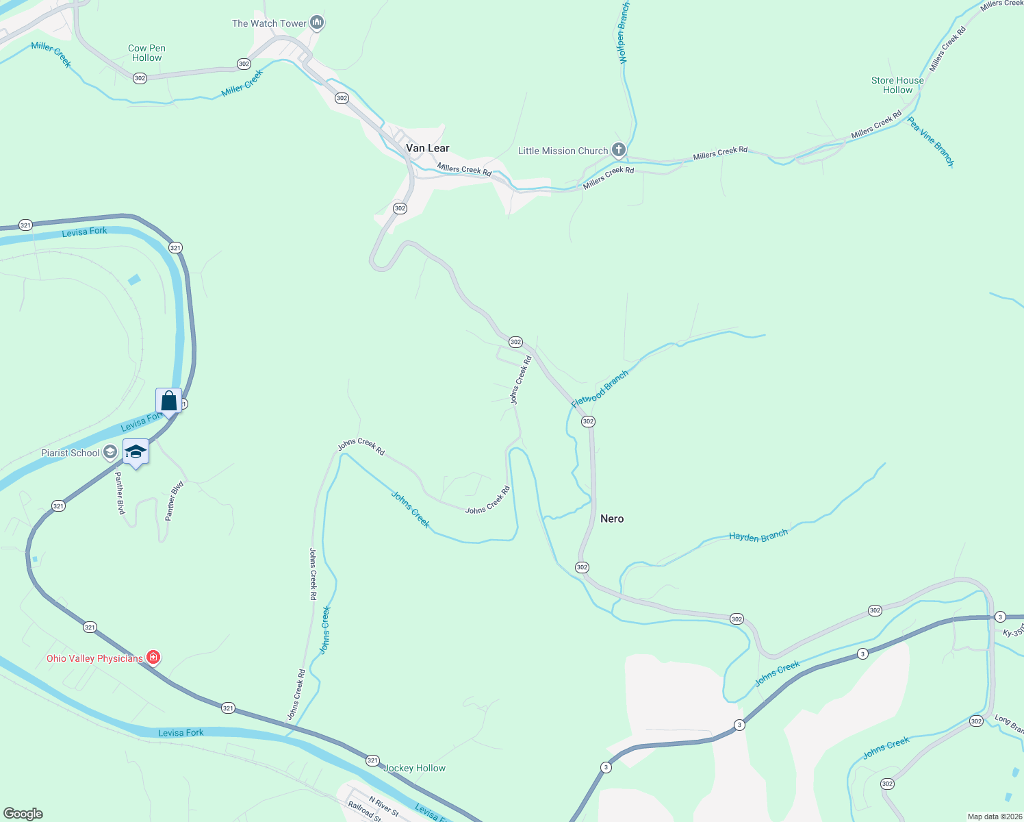 map of restaurants, bars, coffee shops, grocery stores, and more near Johns Creek Road in Van Lear