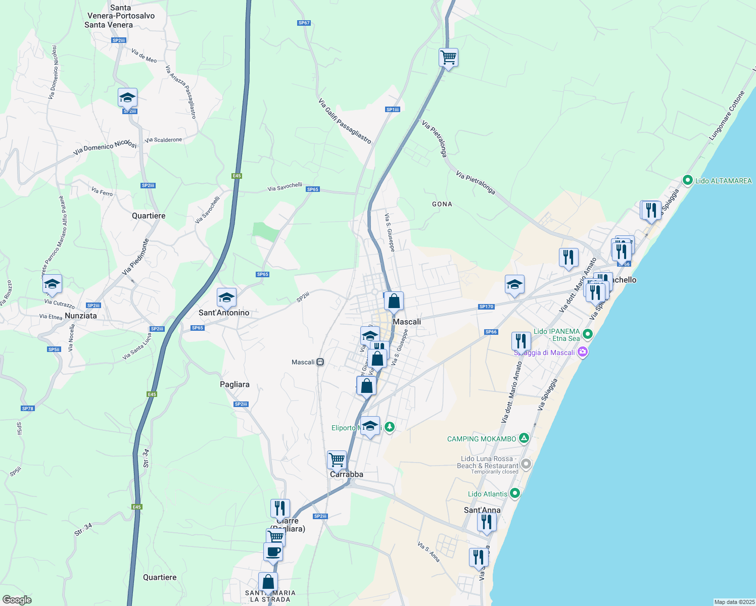map of restaurants, bars, coffee shops, grocery stores, and more near 1 Via Conte Ruggero in Mascali