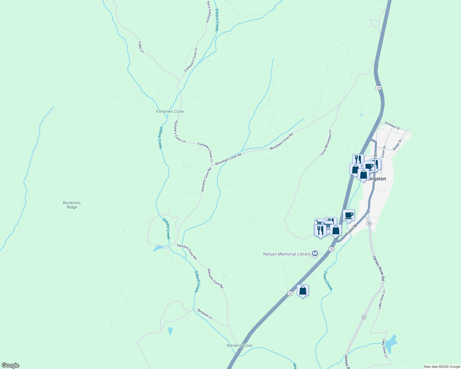 map of restaurants, bars, coffee shops, grocery stores, and more near Stargate Lane in Lovingston