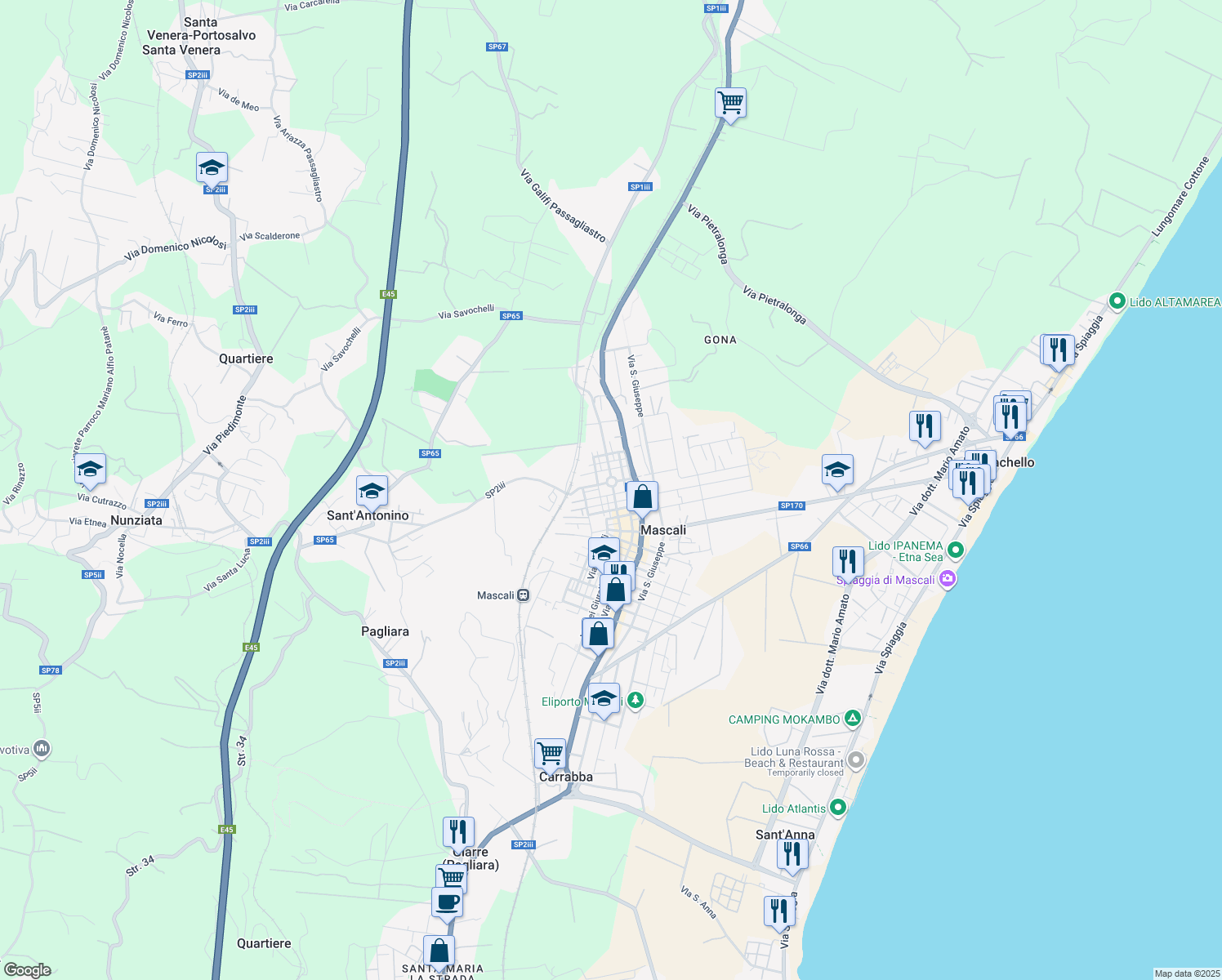 map of restaurants, bars, coffee shops, grocery stores, and more near 1 Via Conte Ruggero in Mascali