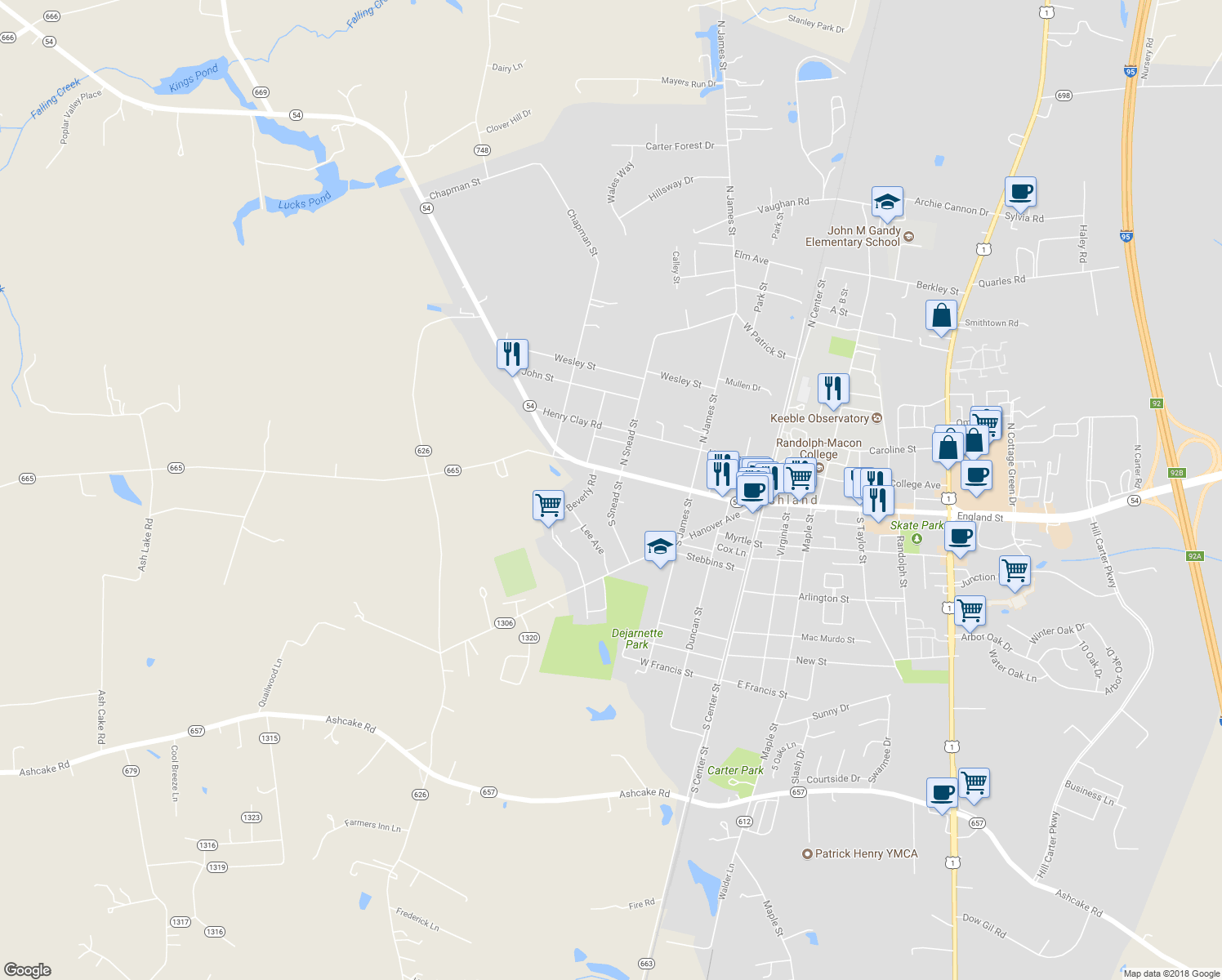 map of restaurants, bars, coffee shops, grocery stores, and more near 106 South Snead Street in Ashland