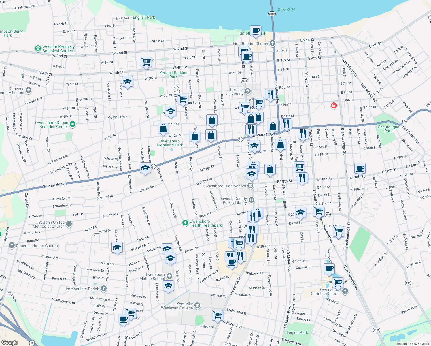 map of restaurants, bars, coffee shops, grocery stores, and more near 811 Griffith Ave in Owensboro