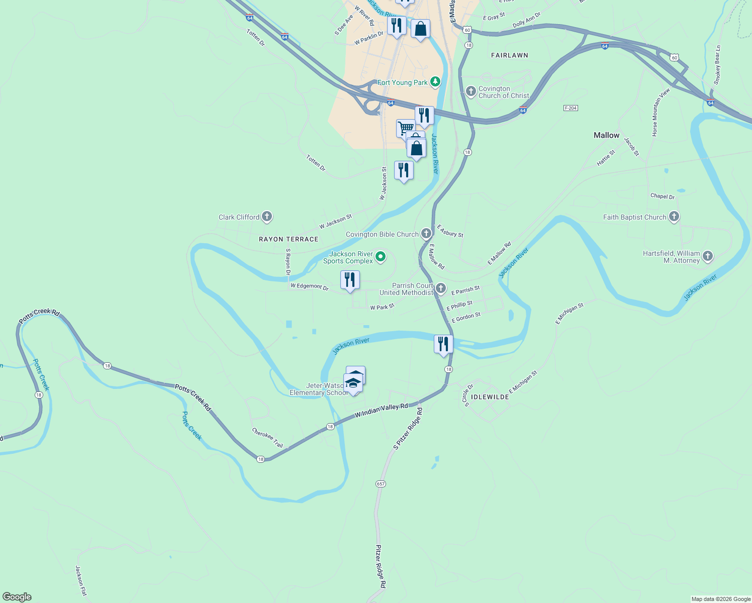 map of restaurants, bars, coffee shops, grocery stores, and more near 2330 South Church Avenue in Covington